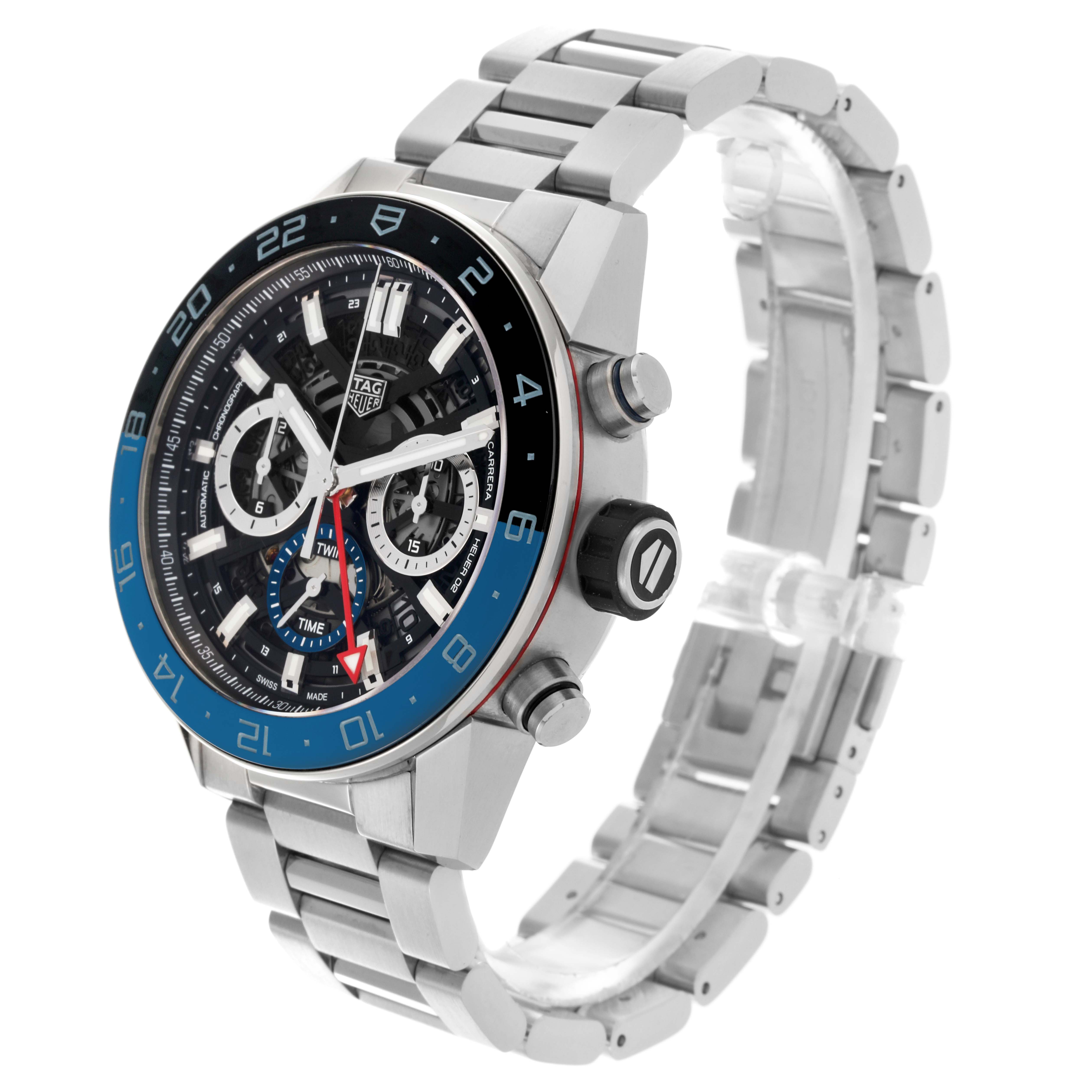 The Tag Heuer Carrera CBG2A1Z Men's Stainless Steel Transparent Dial CBG2A1Z Men's Stainless Steel Transparent Dial watch is shown at an angled side view, highlighting its dial, bezel, crown, and metal bracelet.