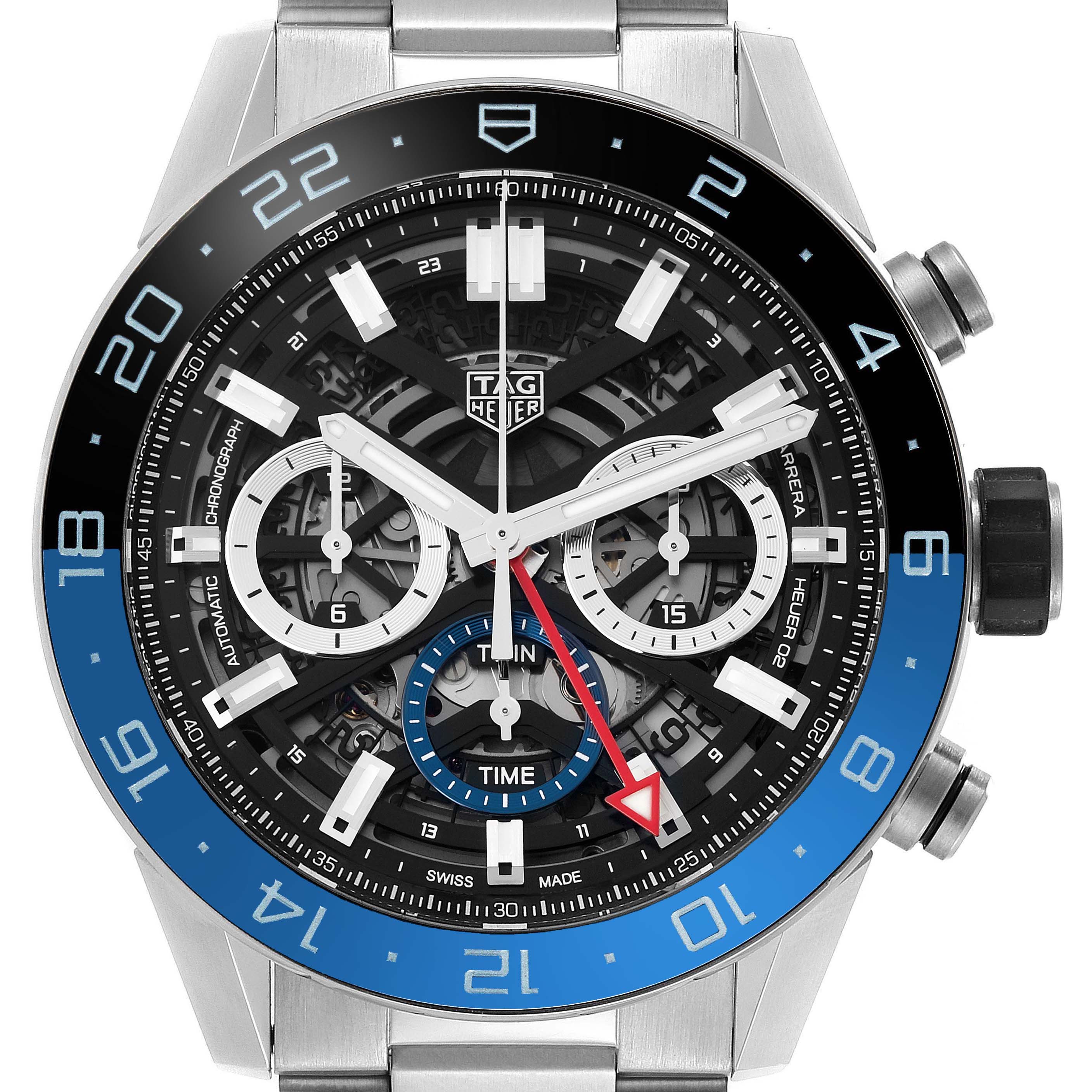 The image shows a frontal view of the Tag Heuer Carrera CBG2A1Z Men's Stainless Steel Transparent Dial CBG2A1Z Men's Stainless Steel Transparent Dial watch, highlighting the bezel, dial, and subdials.