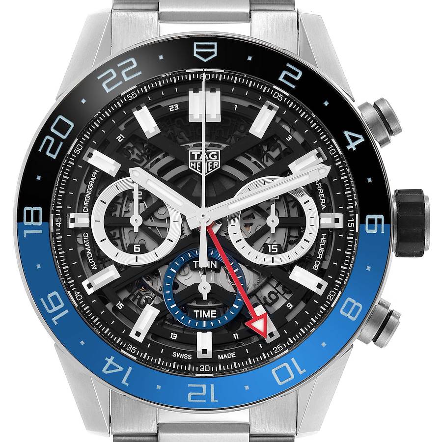 The image shows a frontal view of the TAG Heuer Carrera watch, highlighting the bezel, dial, and subdials.