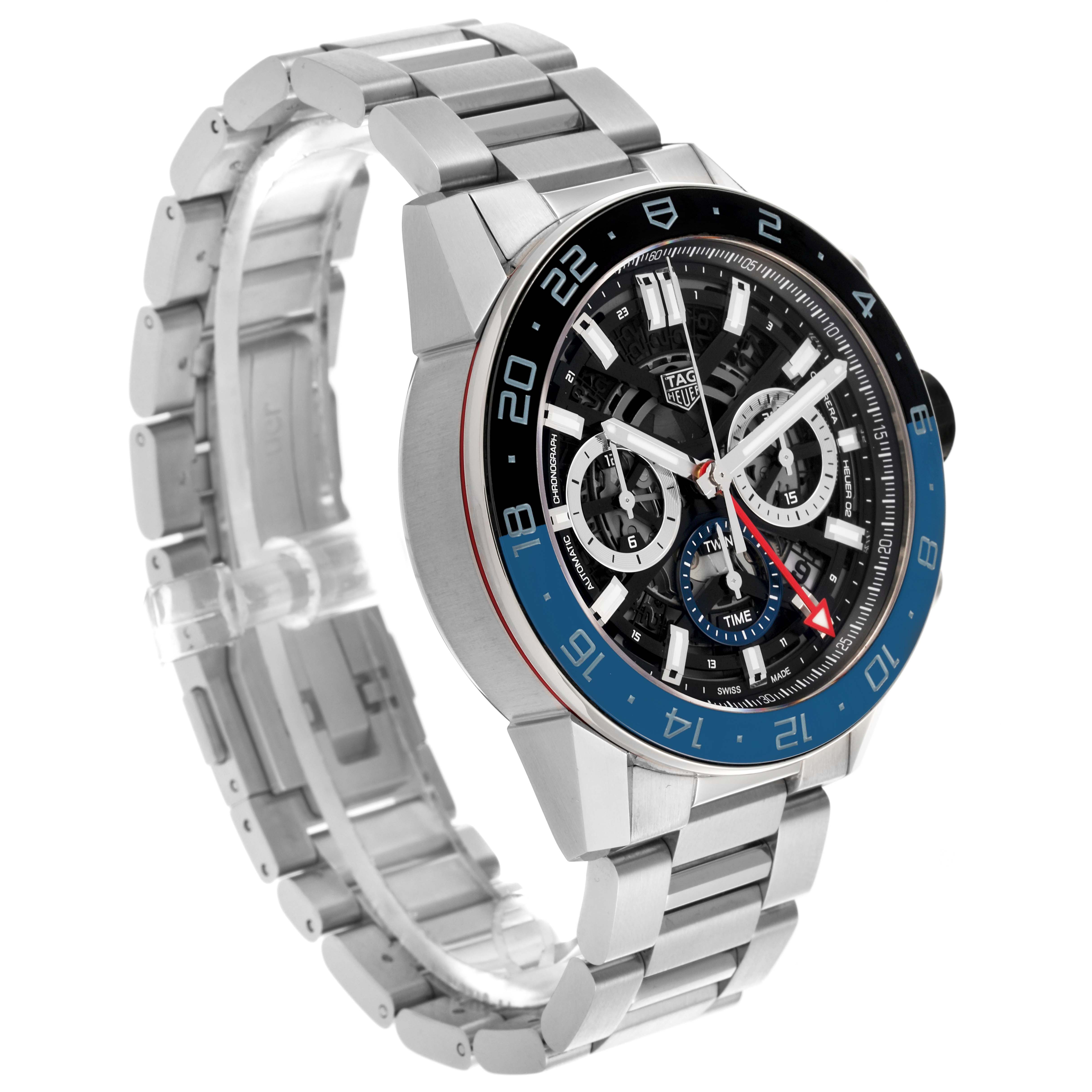 The Tag Heuer Carrera CBG2A1Z Men's Stainless Steel Transparent Dial CBG2A1Z Men's Stainless Steel Transparent Dial watch is shown at a three-quarter angle, displaying its face, bezel, and stainless steel bracelet.