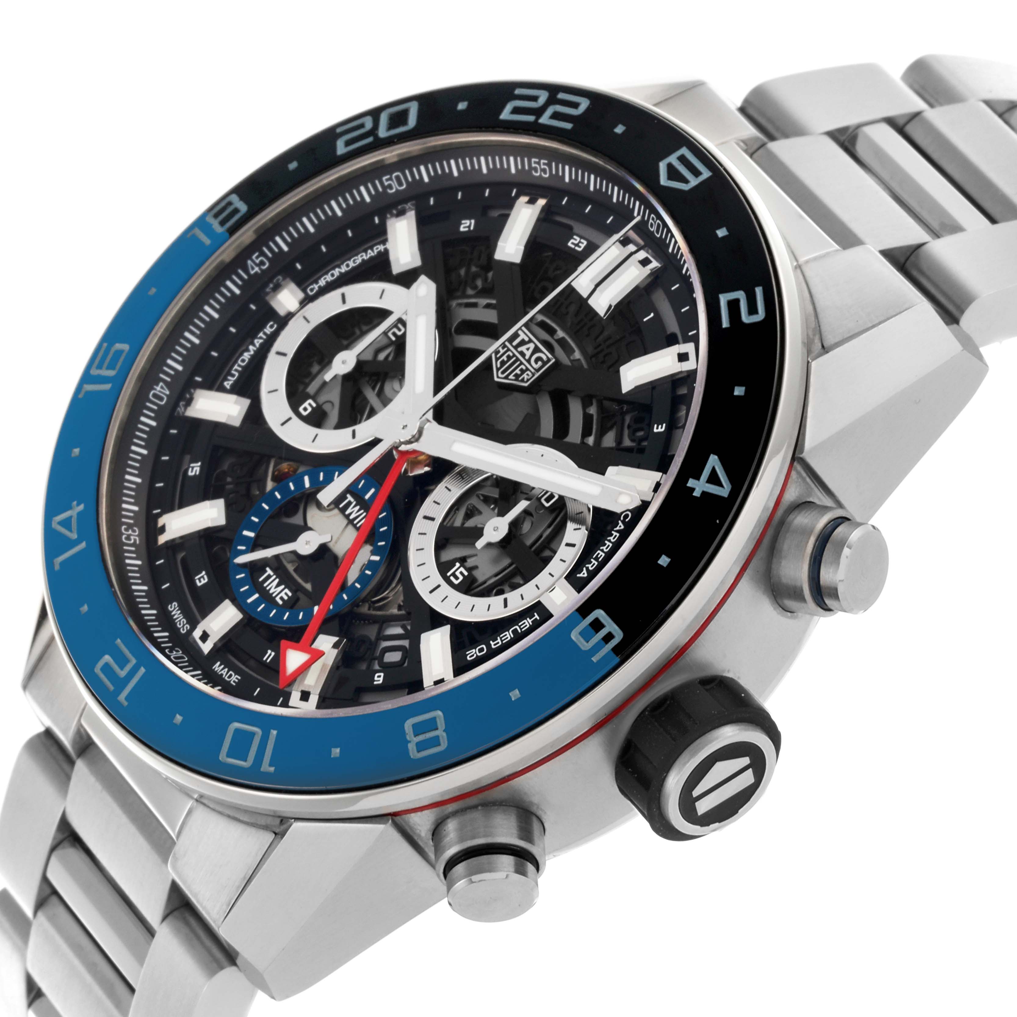 The Tag Heuer Carrera CBG2A1Z Men's Stainless Steel Transparent Dial CBG2A1Z Men's Stainless Steel Transparent Dial watch is shown at a slight angle, displaying the face, bezel, crown, pushers, and metal bracelet.