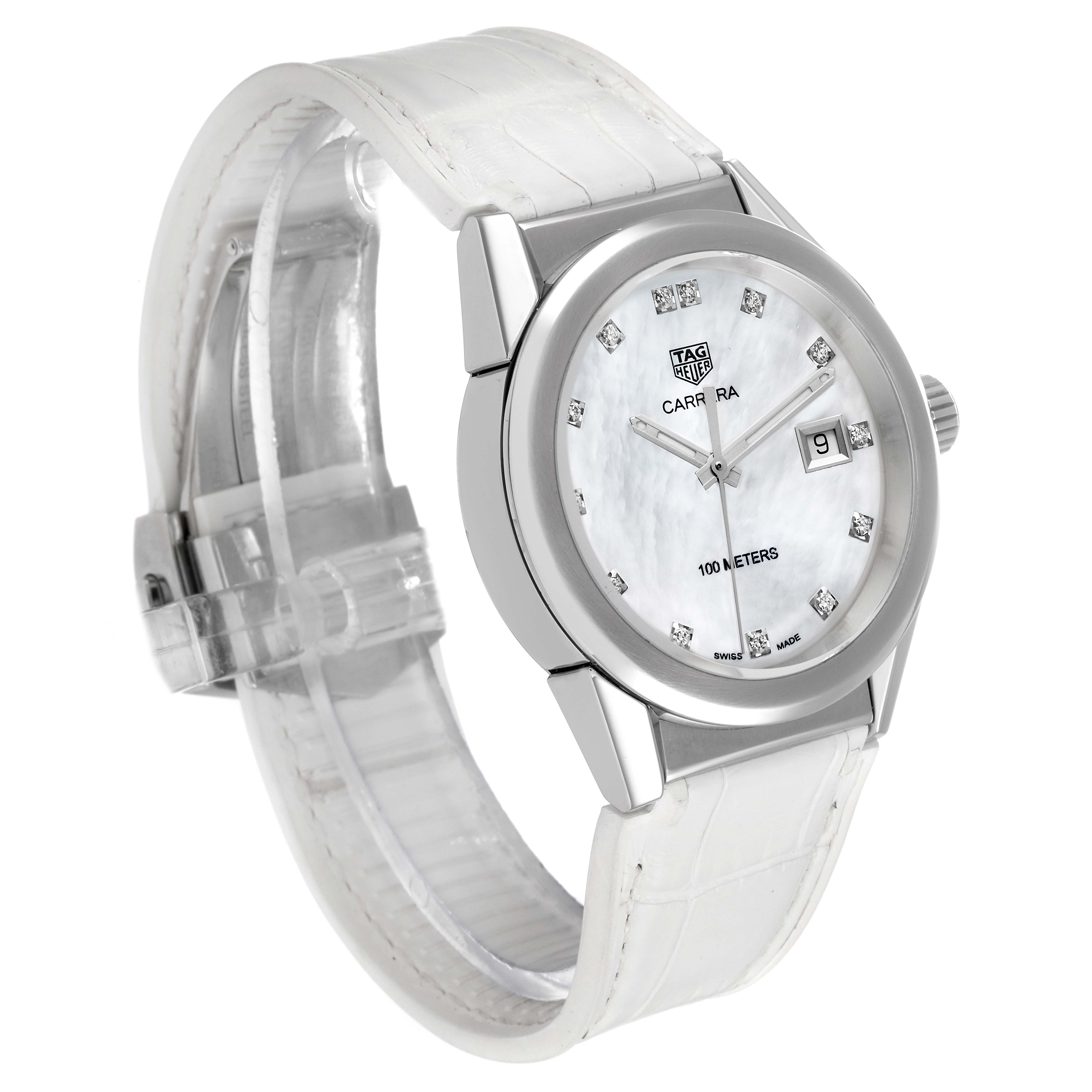 This image shows a Tag Heuer Carrera WBG1312 Women's Stainless Steel Mother of Pearl Dial WBG1312 Women's Stainless Steel Mother of Pearl Dial model watch with a white strap and a white dial, angled to display the face and side.