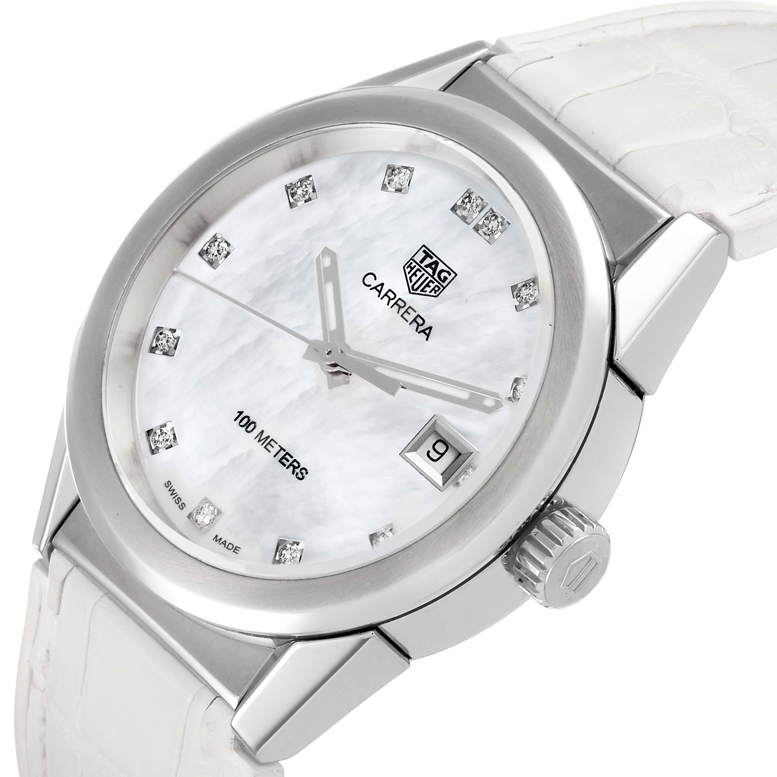 The image shows a close-up angle of the Tag Heuer Carrera WBG1312 Women's Stainless Steel Mother of Pearl Dial WBG1312 Women's Stainless Steel Mother of Pearl Dial watch, highlighting its face, bezel, crown, and part of the strap.