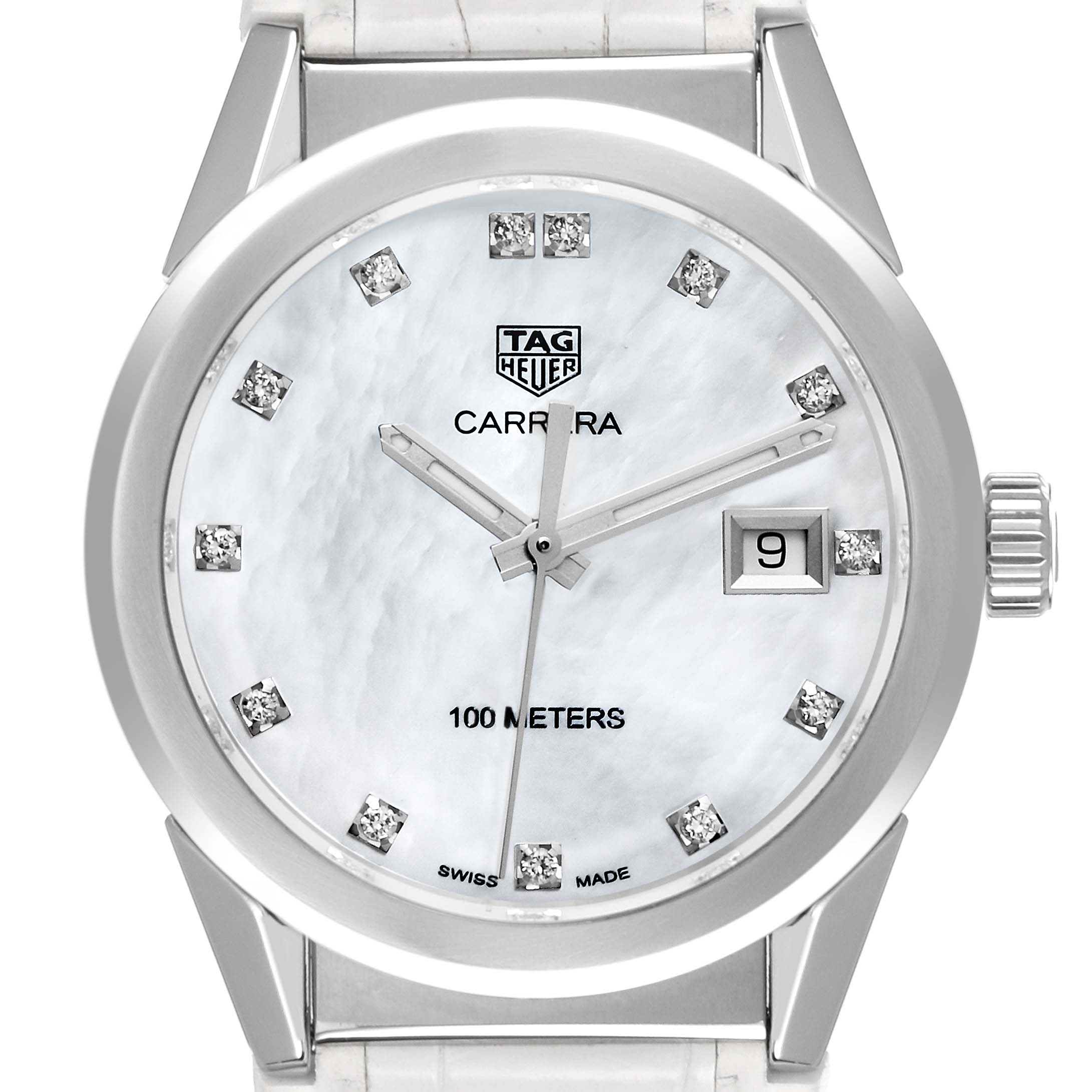 This image shows a frontal view of the Tag Heuer Carrera WBG1312 Women's Stainless Steel Mother of Pearl Dial WBG1312 Women's Stainless Steel Mother of Pearl Dial watch, highlighting the watch face, hour markers, hands, and date display.