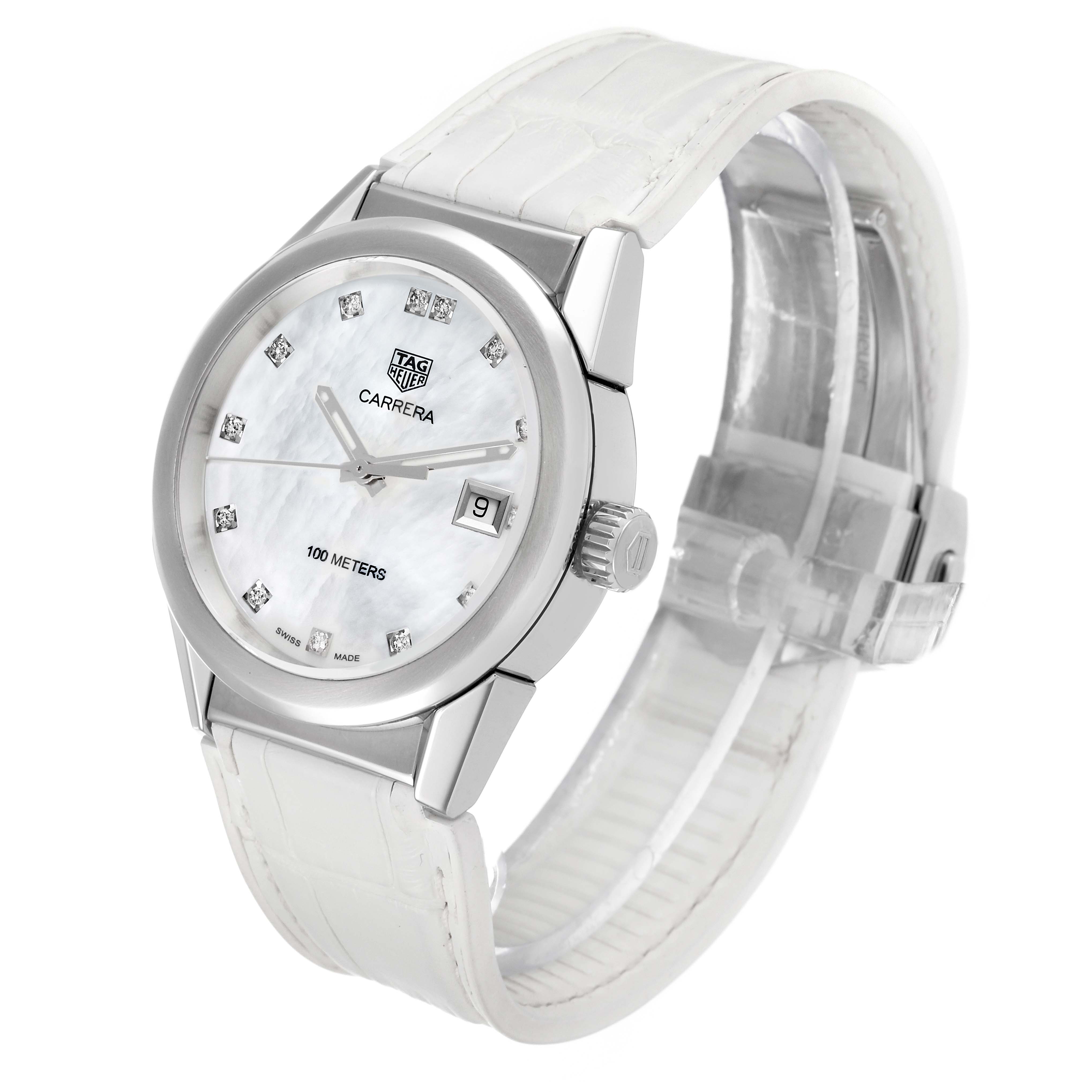 The Tag Heuer Carrera WBG1312 Women's Stainless Steel Mother of Pearl Dial WBG1312 Women's Stainless Steel Mother of Pearl Dial watch is shown at a three-quarter angle highlighting the dial, lugs, crown, and white leather strap.
