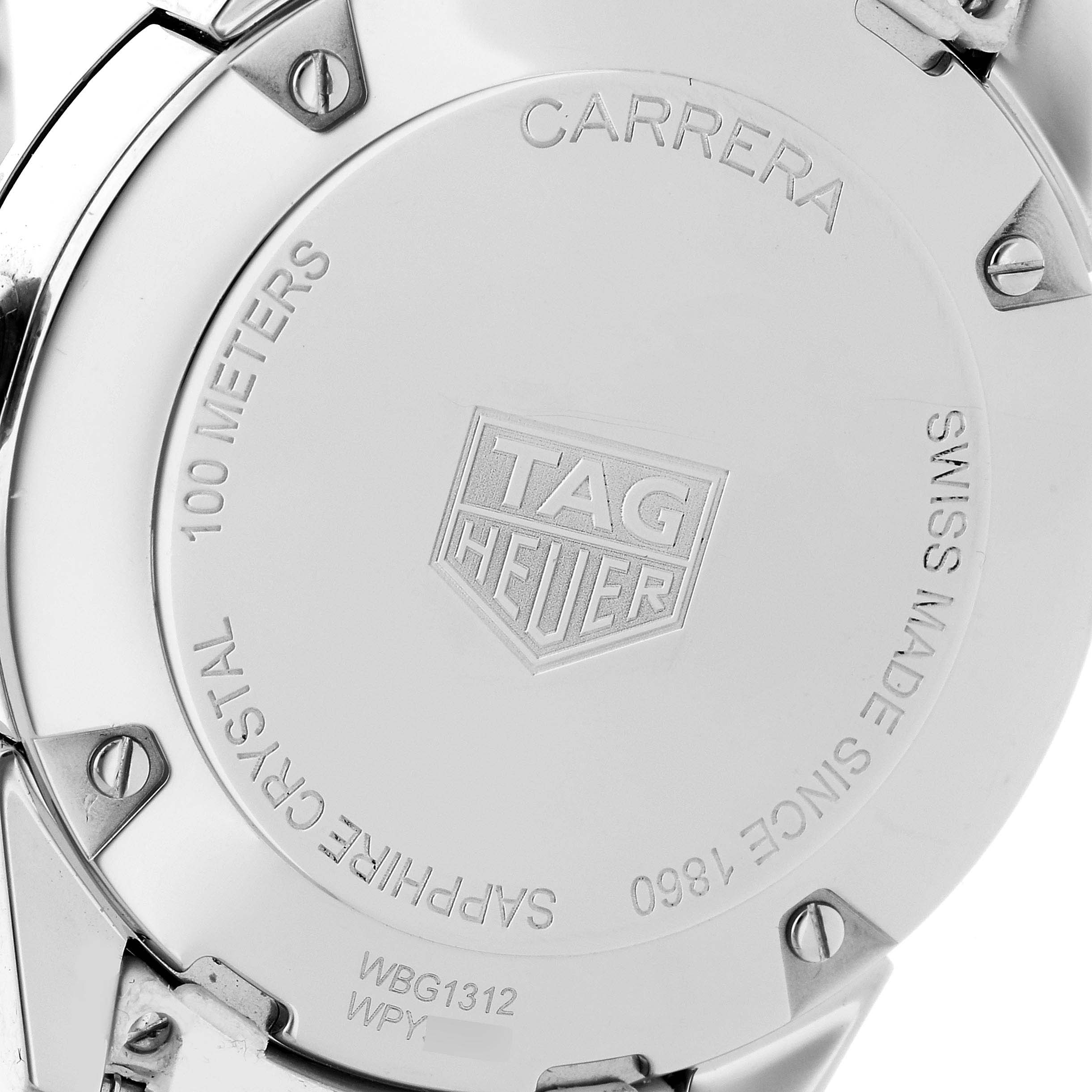 The image shows the back case of a Tag Heuer Carrera WBG1312 Women's Stainless Steel Mother of Pearl Dial WBG1312 Women's Stainless Steel Mother of Pearl Dial model watch.