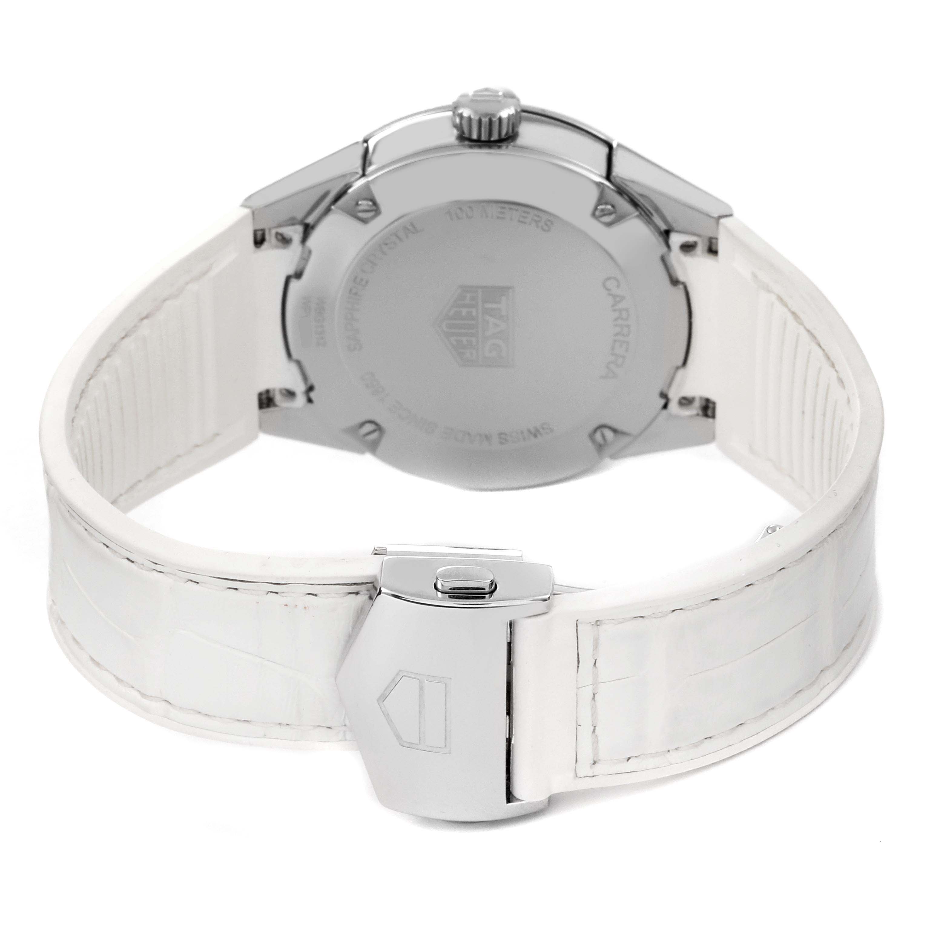 The image shows the back case and clasp of the Tag Heuer Carrera WBG1312 Women's Stainless Steel Mother of Pearl Dial WBG1312 Women's Stainless Steel Mother of Pearl Dial watch from a rear angle, highlighting the white strap.