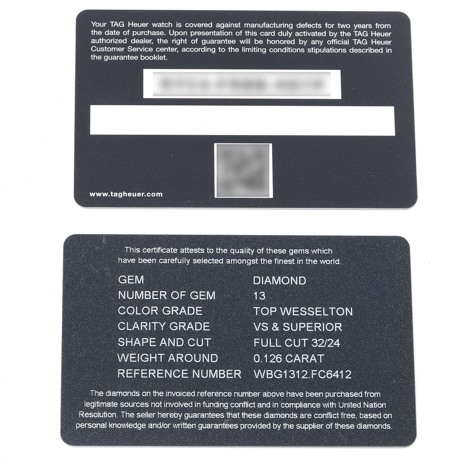 This image shows the front and back of the guarantee and gem quality cards for a Tag Heuer Carrera WBG1312 Women's Stainless Steel Mother of Pearl Dial WBG1312 Women's Stainless Steel Mother of Pearl Dial watch model.