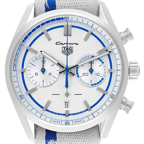 The image shows a front view of the Tag Heuer Carrera watch, highlighting its dial, subdials, and part of the strap.