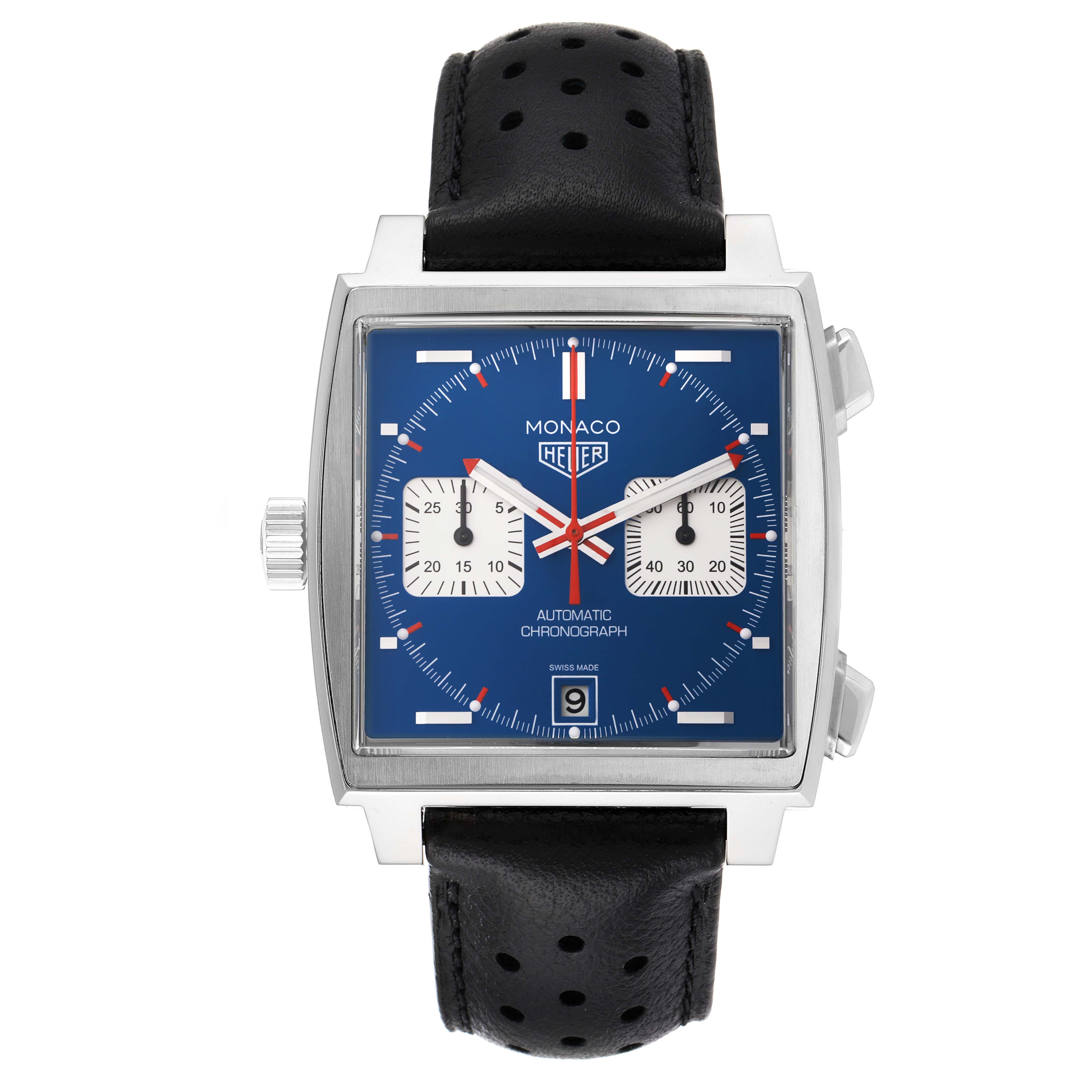 This Tag Heuer Monaco CAW211P Men's Stainless Steel Blue Dial CAW211P Men's Stainless Steel Blue Dial model watch is shown from a front angle, displaying its dial, crown, and strap.