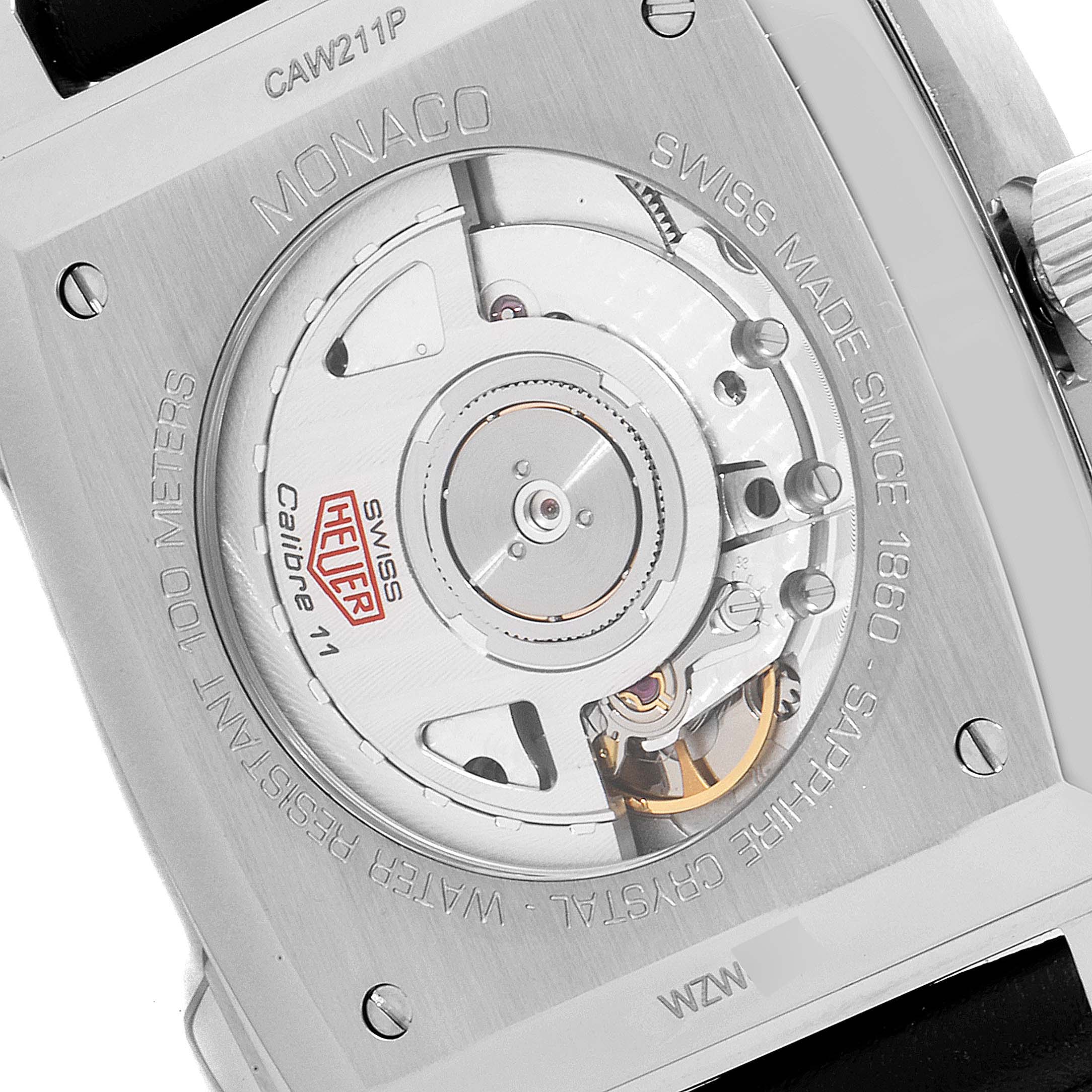 This image shows the back of a Tag Heuer Monaco CAW211P Men's Stainless Steel Blue Dial CAW211P Men's Stainless Steel Blue Dial watch, highlighting its intricate Calibre 11 movement.