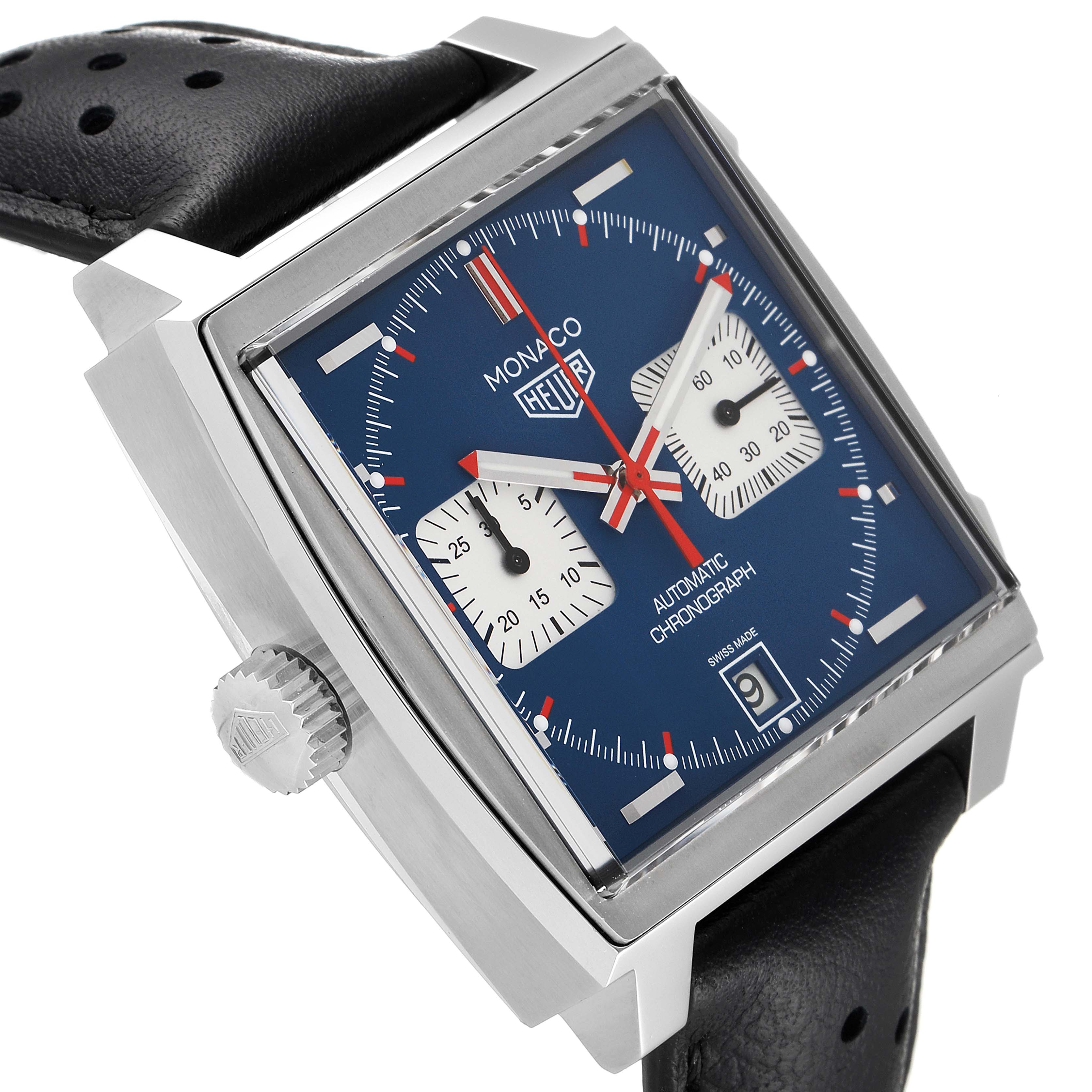 The image shows a Tag Heuer Monaco CAW211P Men's Stainless Steel Blue Dial CAW211P Men's Stainless Steel Blue Dial watch from a left-side angled view, highlighting its square dial, crown, and leather strap.