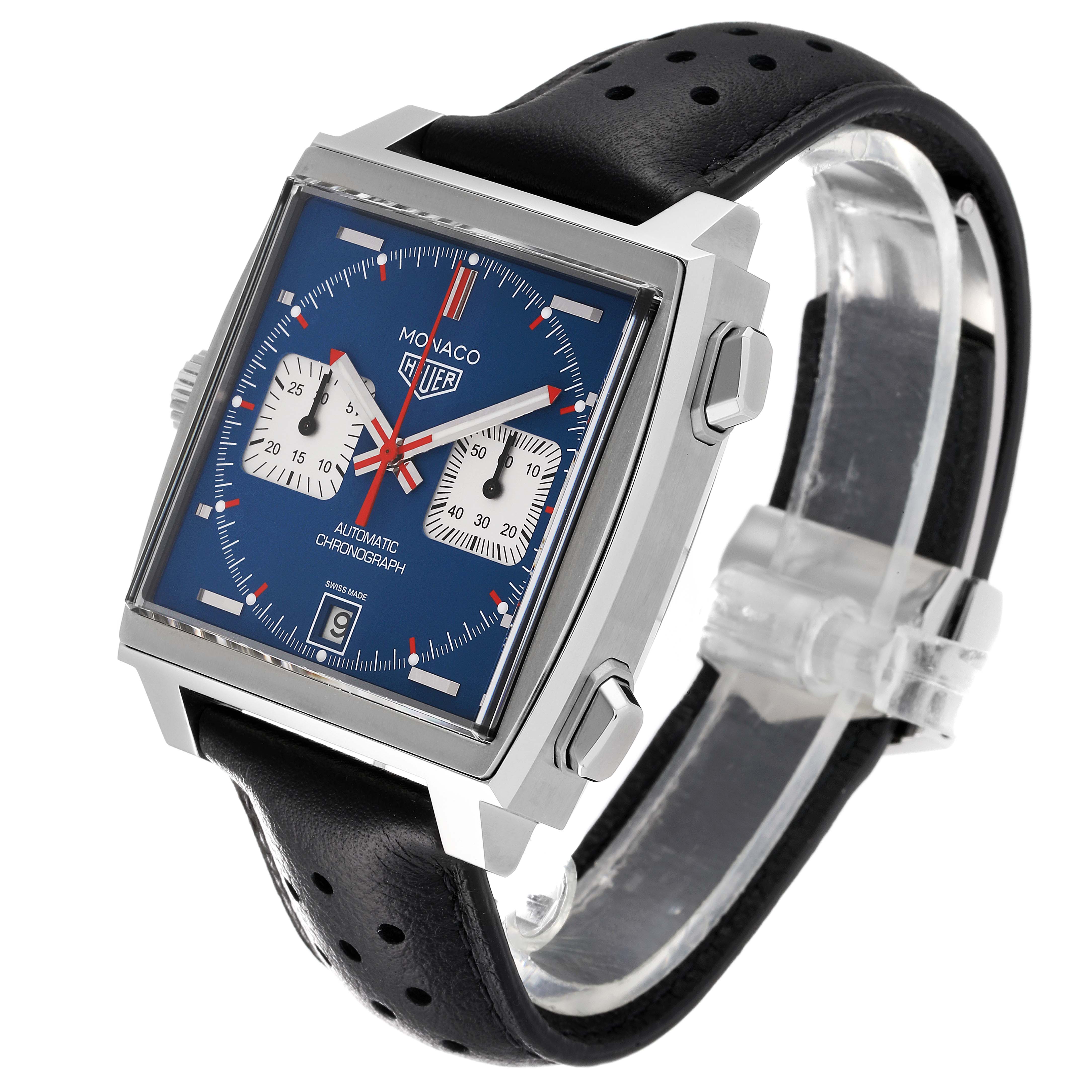 The Tag Heuer Monaco CAW211P Men's Stainless Steel Blue Dial CAW211P Men's Stainless Steel Blue Dial model watch is shown at a three-quarter angle, highlighting its square face, black leather strap, and blue dial.