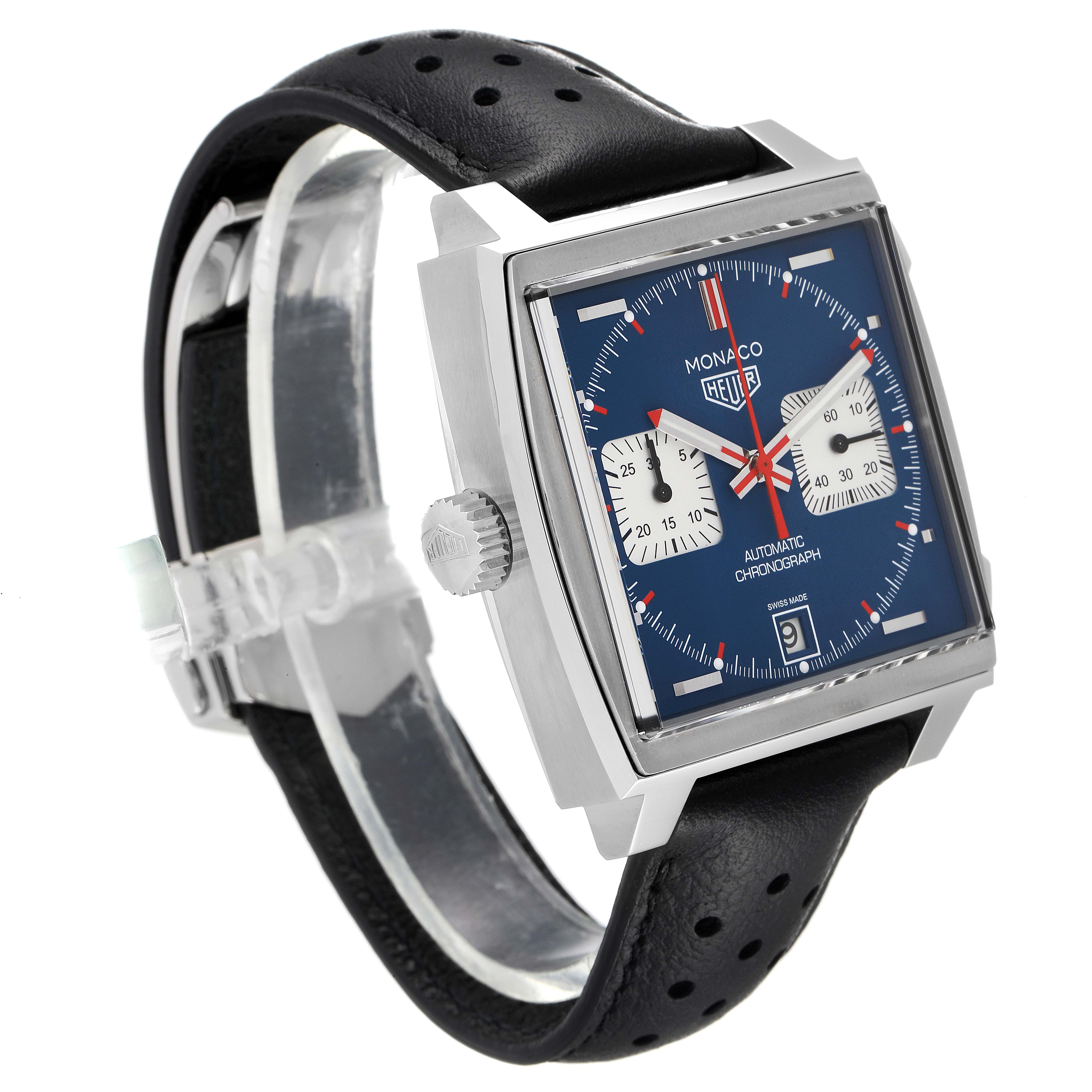 The image shows a Tag Heuer Monaco CAW211P Men's Stainless Steel Blue Dial CAW211P Men's Stainless Steel Blue Dial watch at a three-quarter angle, highlighting the square face, crown, and leather strap.