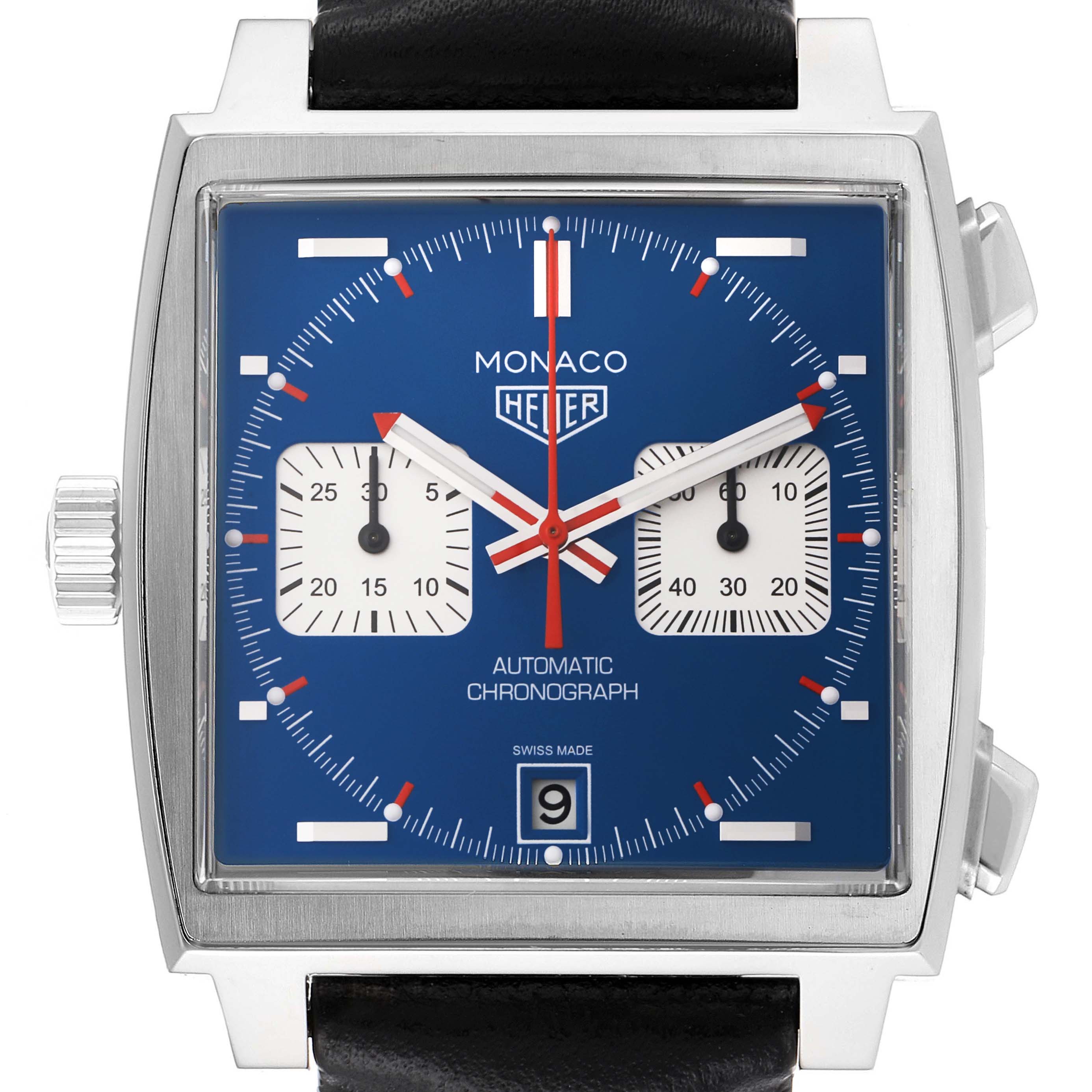 The image depicts the front view of a Tag Heuer Monaco CAW211P Men's Stainless Steel Blue Dial CAW211P Men's Stainless Steel Blue Dial watch, showing its blue dial, chronograph subdials, and date display.
