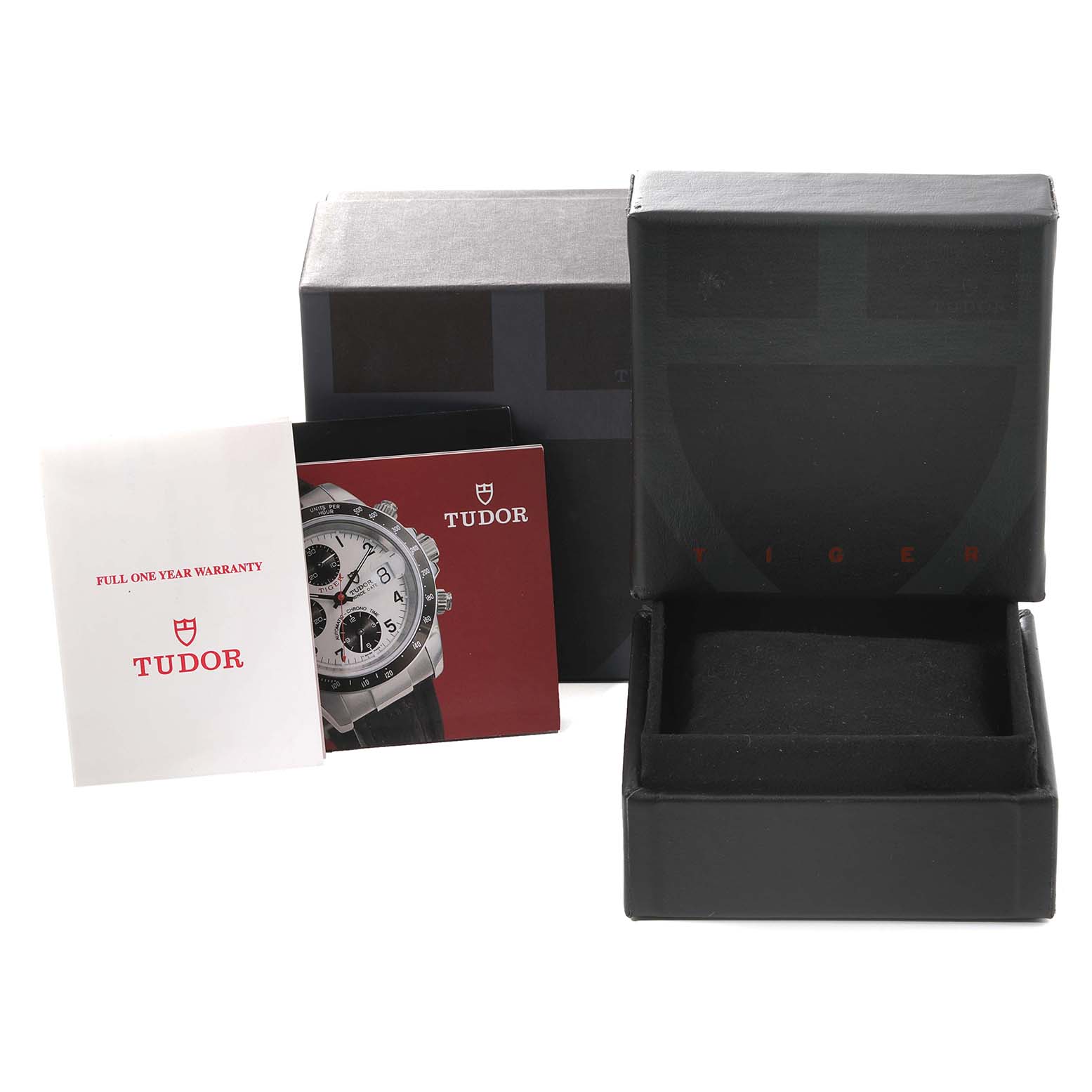The image shows the packaging, warranty card, and user manual for the Tudor Tiger 79273P Men's Steel and Gold (two tone) White Dial 79273P Men's Steel and Gold (two tone) White Dial model watch.