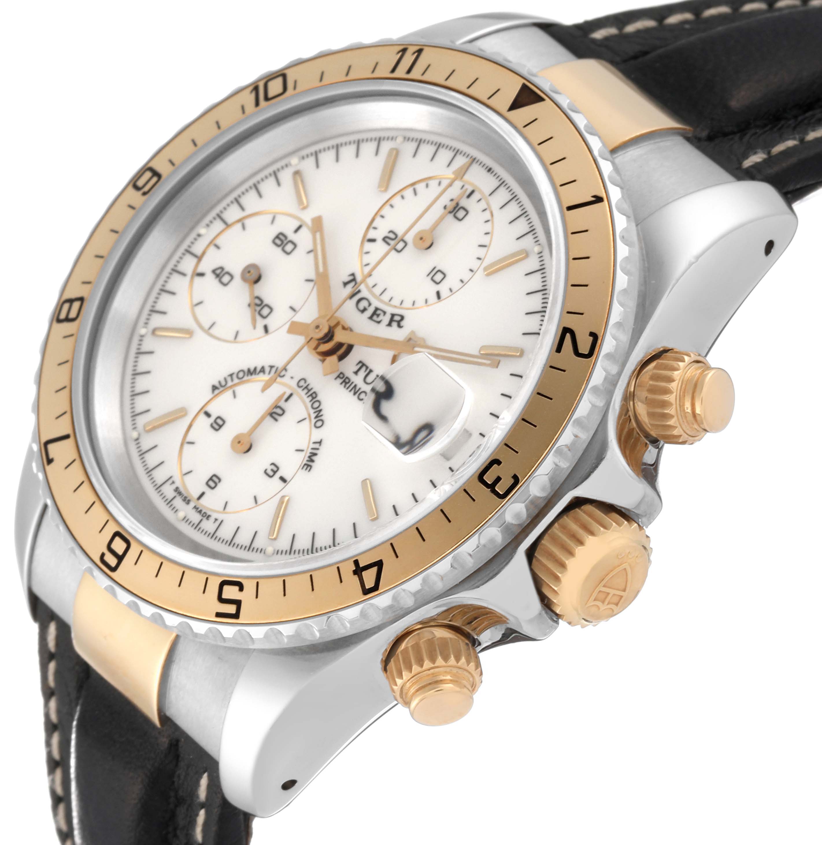 The image shows a close-up angle of the Tudor Tiger 79273P Men's Steel and Gold (two tone) White Dial 79273P Men's Steel and Gold (two tone) White Dial model watch, highlighting the bezel, crown, chronograph pushers, and black leather strap.