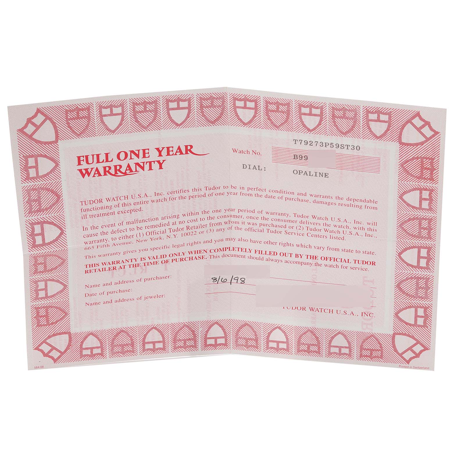 The image shows a full one-year warranty card for a Tudor Tiger 79273P Men's Steel and Gold (two tone) White Dial 79273P Men's Steel and Gold (two tone) White Dial model watch.