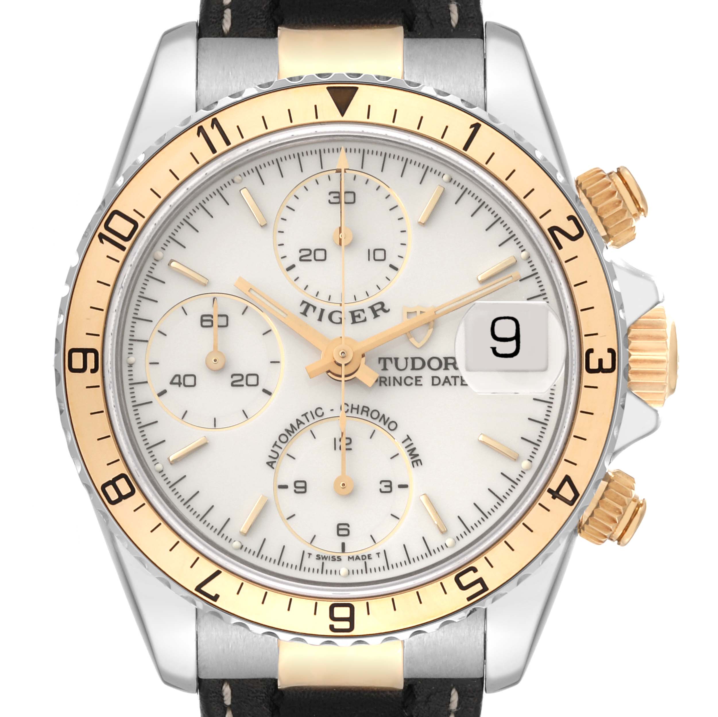 The image shows a front view of the Tudor Tiger 79273P Men's Steel and Gold (two tone) White Dial 79273P Men's Steel and Gold (two tone) White Dial model watch displaying the dial, subdials, and bezel.