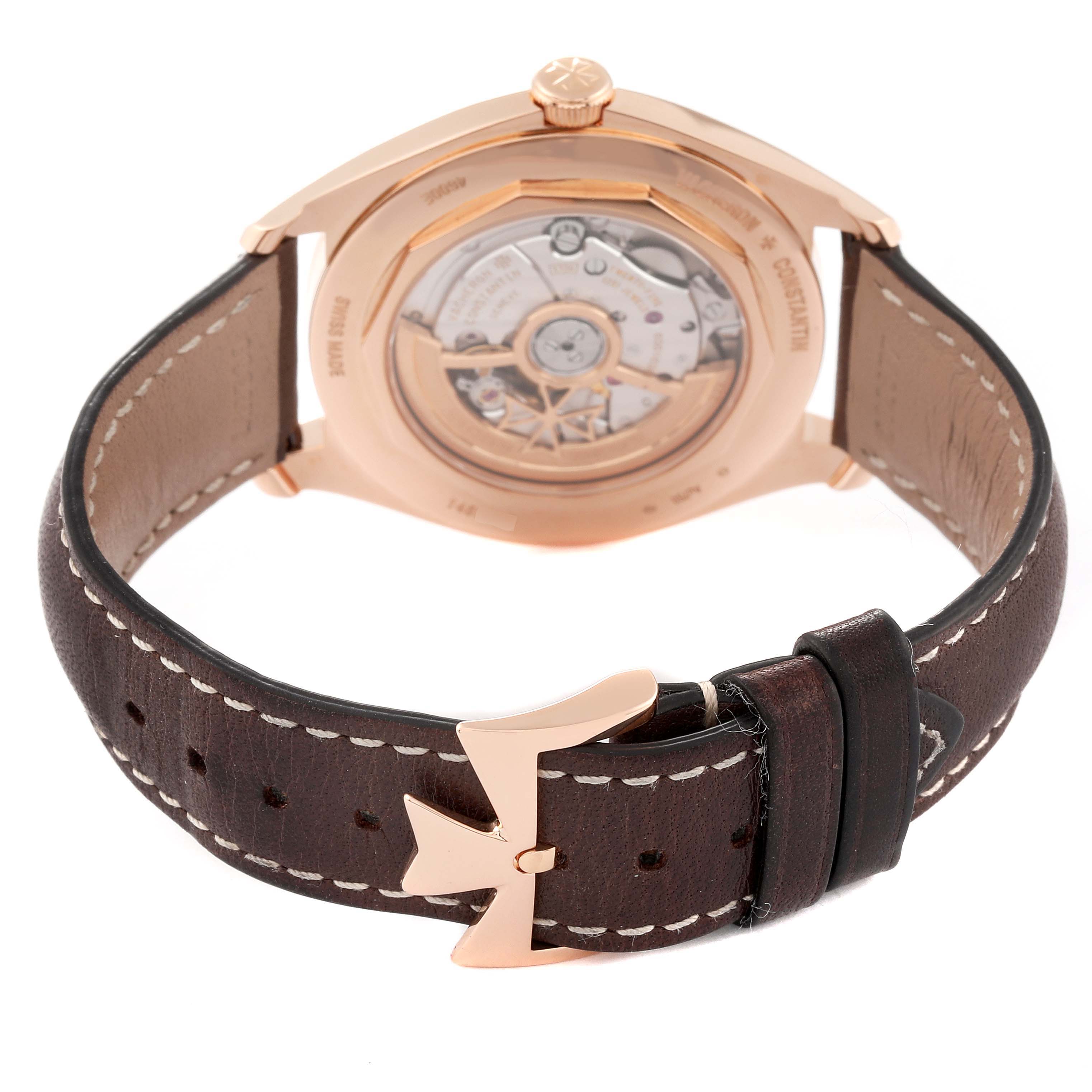 The image shows the back view of the Vacheron Constantin Fiftysix 4600E/000R-B576 Men's Rose Gold Brown Dial 4600E/000R-B576 Men's Rose Gold Brown Dial watch, highlighting its case back and brown leather strap.