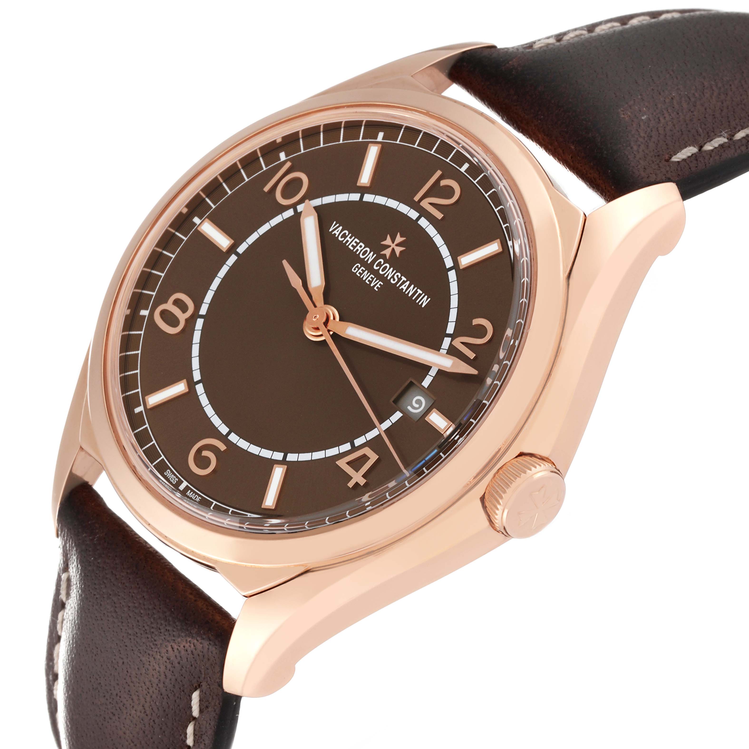 This image shows a Vacheron Constantin Fiftysix 4600E/000R-B576 Men's Rose Gold Brown Dial 4600E/000R-B576 Men's Rose Gold Brown Dial model watch from an angled side view, highlighting the dial, crown, and strap.