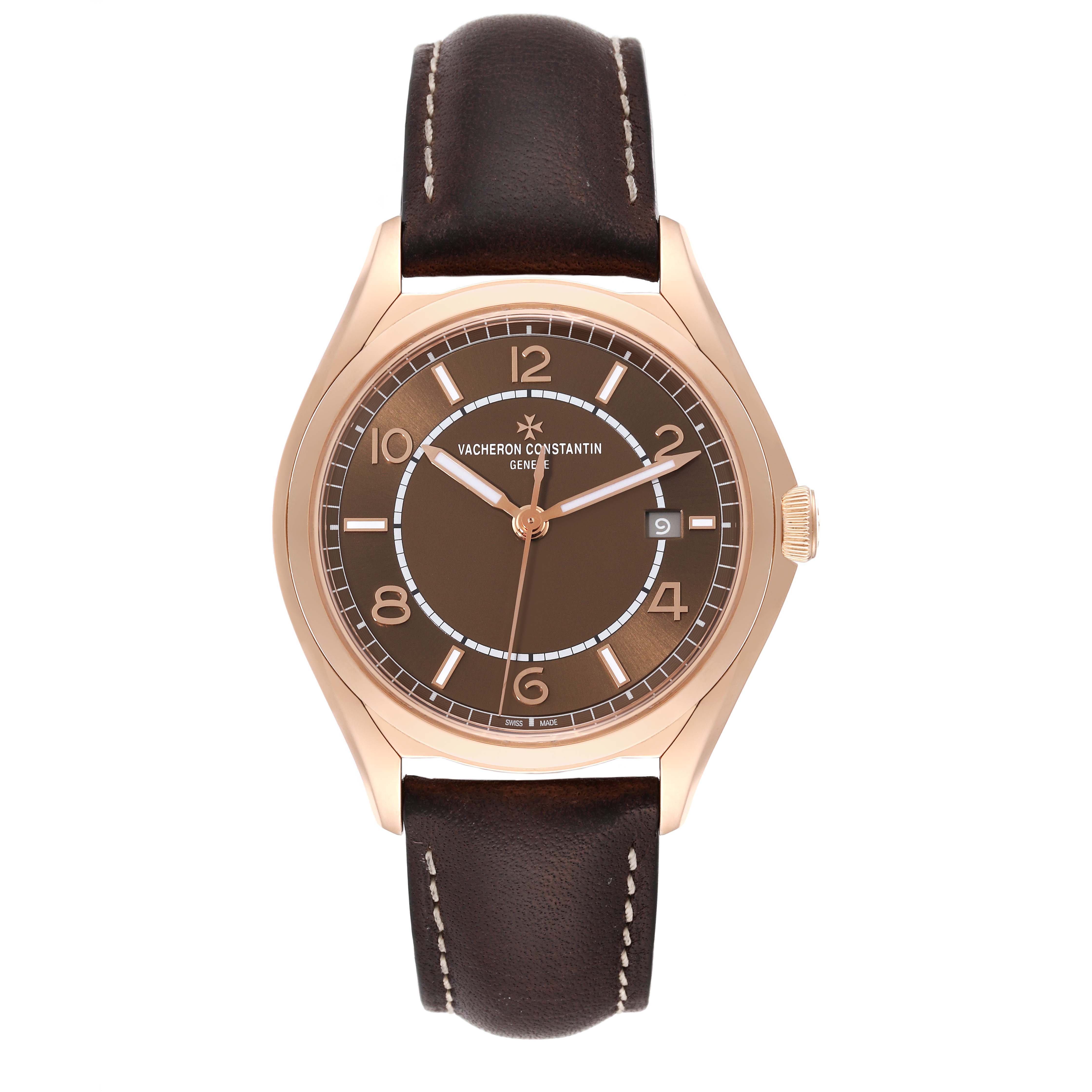The image shows a Vacheron Constantin Fiftysix 4600E/000R-B576 Men's Rose Gold Brown Dial 4600E/000R-B576 Men's Rose Gold Brown Dial watch from a top-down angle, displaying the face, hands, crown, and strap.