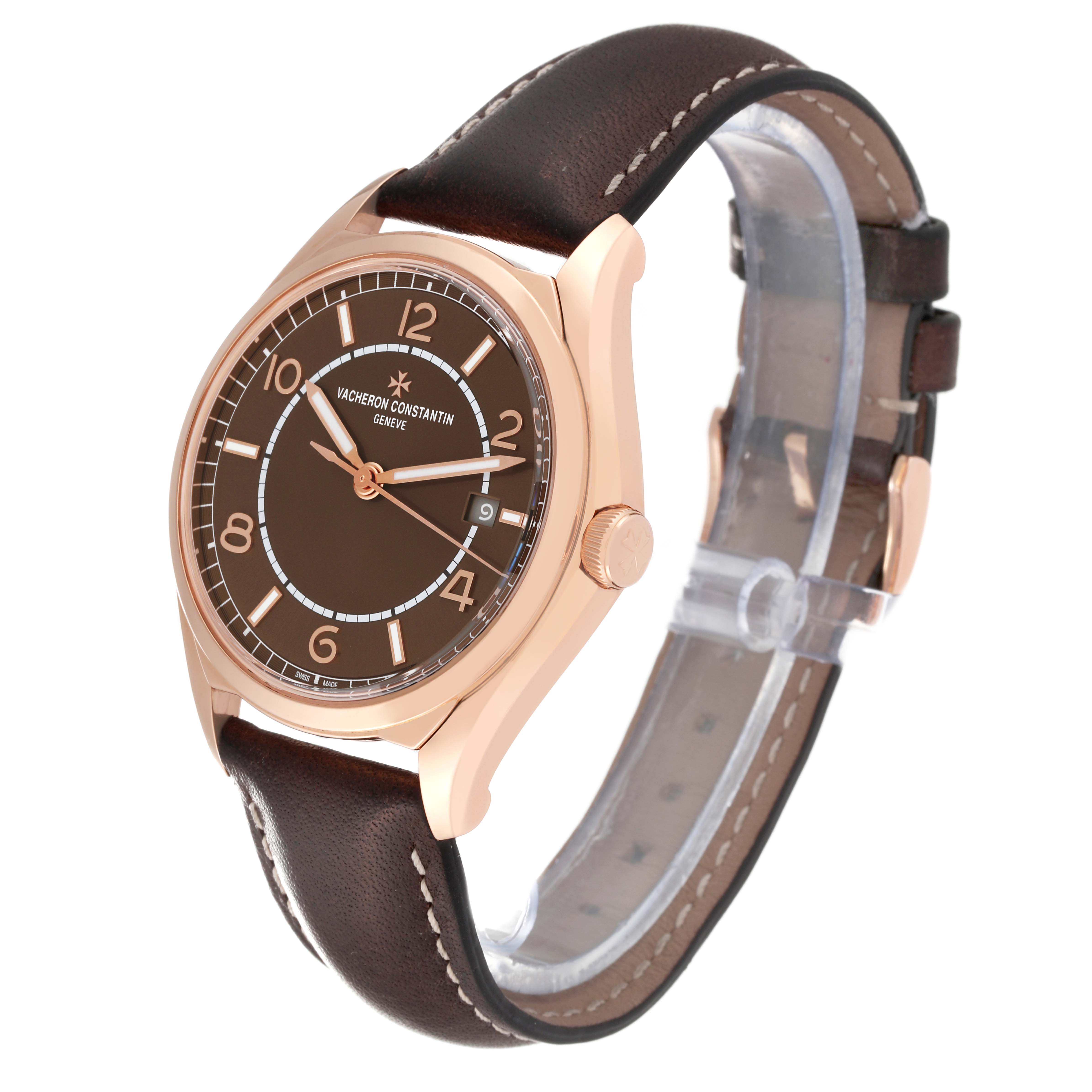 The image shows a side angle of the Vacheron Constantin Fiftysix 4600E/000R-B576 Men's Rose Gold Brown Dial 4600E/000R-B576 Men's Rose Gold Brown Dial watch displaying the dial, crown, and leather strap.