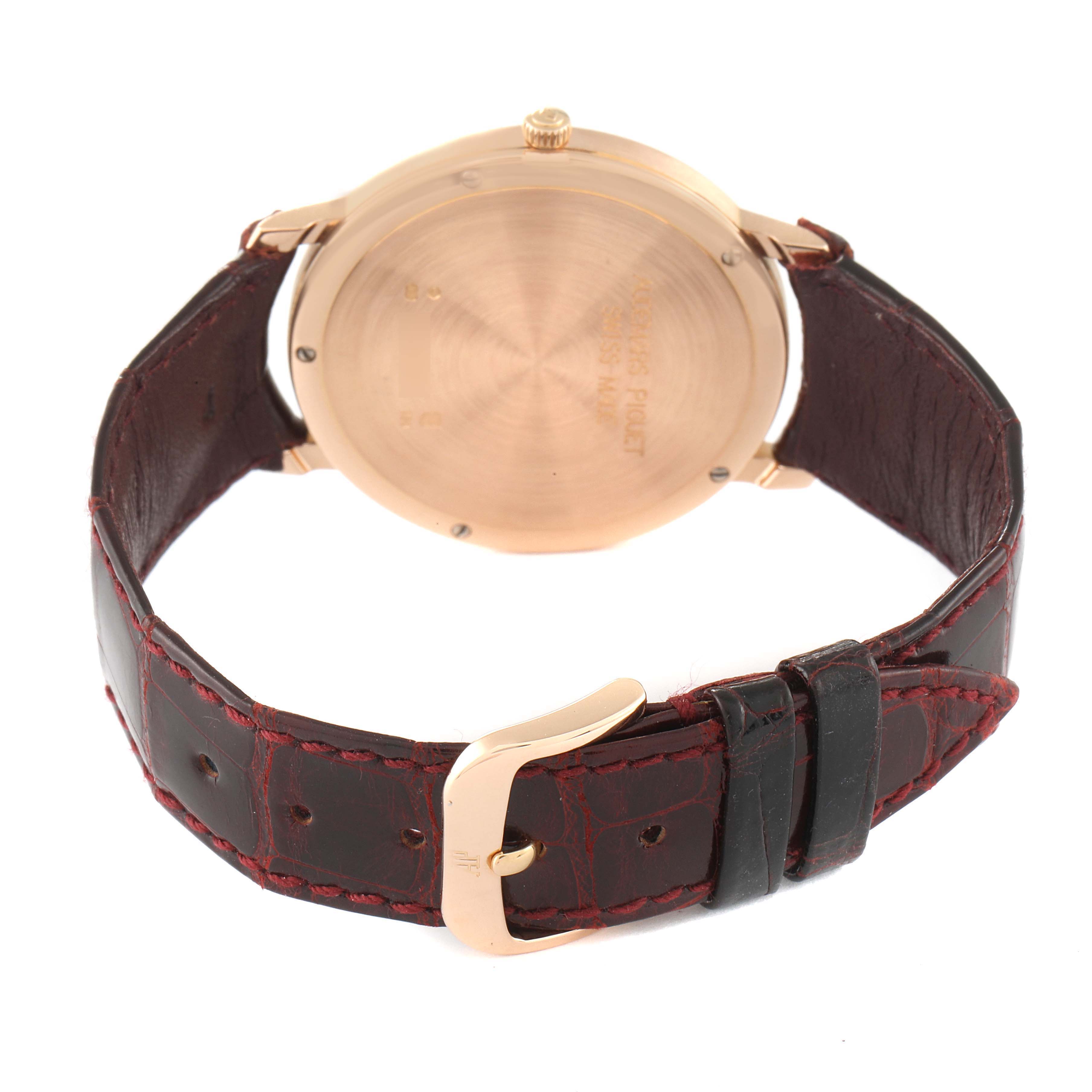 The image shows the back and strap of an Audemars Piguet Jules 15103OR Men's Rose Gold White Dial 15103OR Men's Rose Gold White Dial watch, highlighting the clasp and case back.