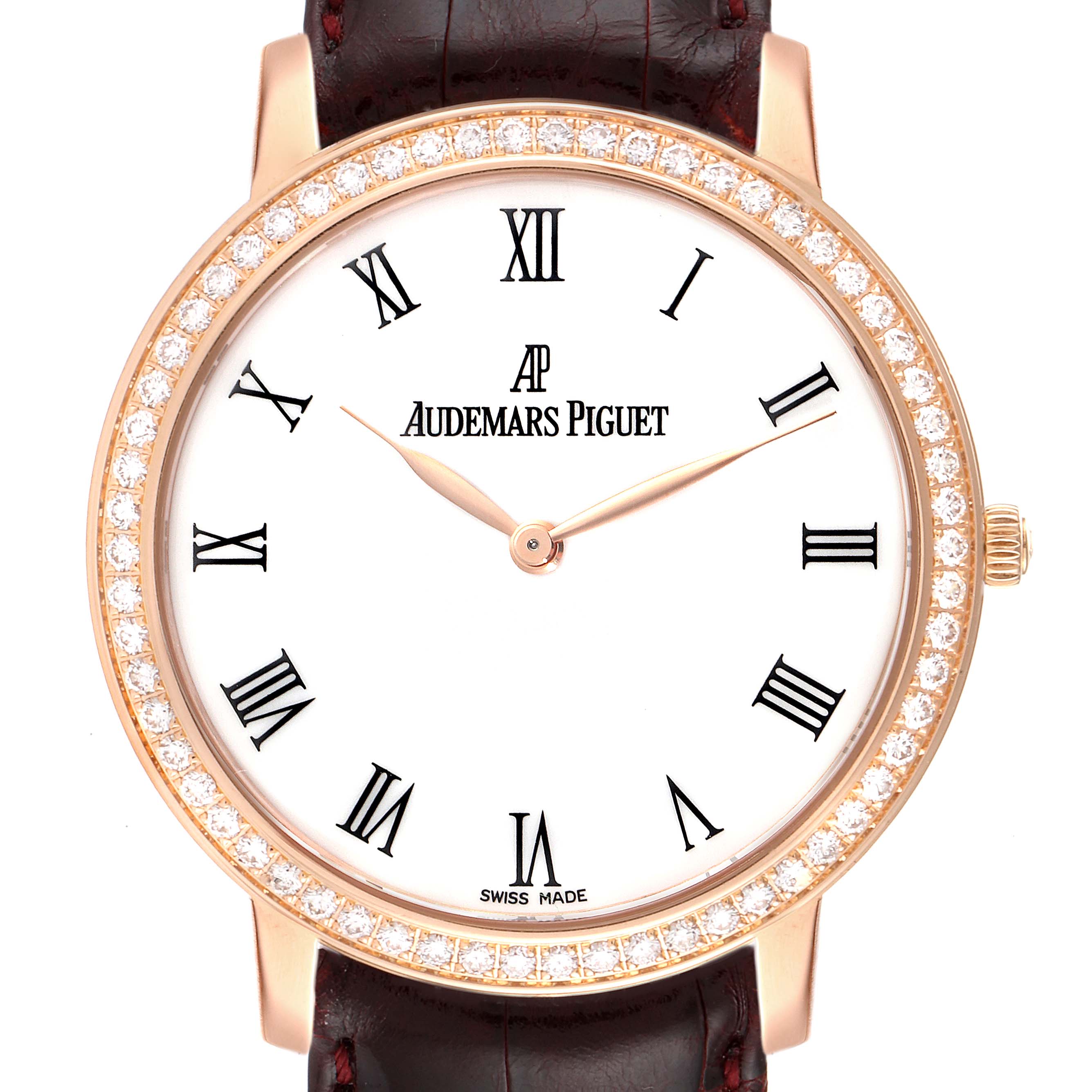 The image shows a front view of the Jules model by Audemars Piguet, highlighting its diamond-encrusted bezel, white dial, and Roman numerals.