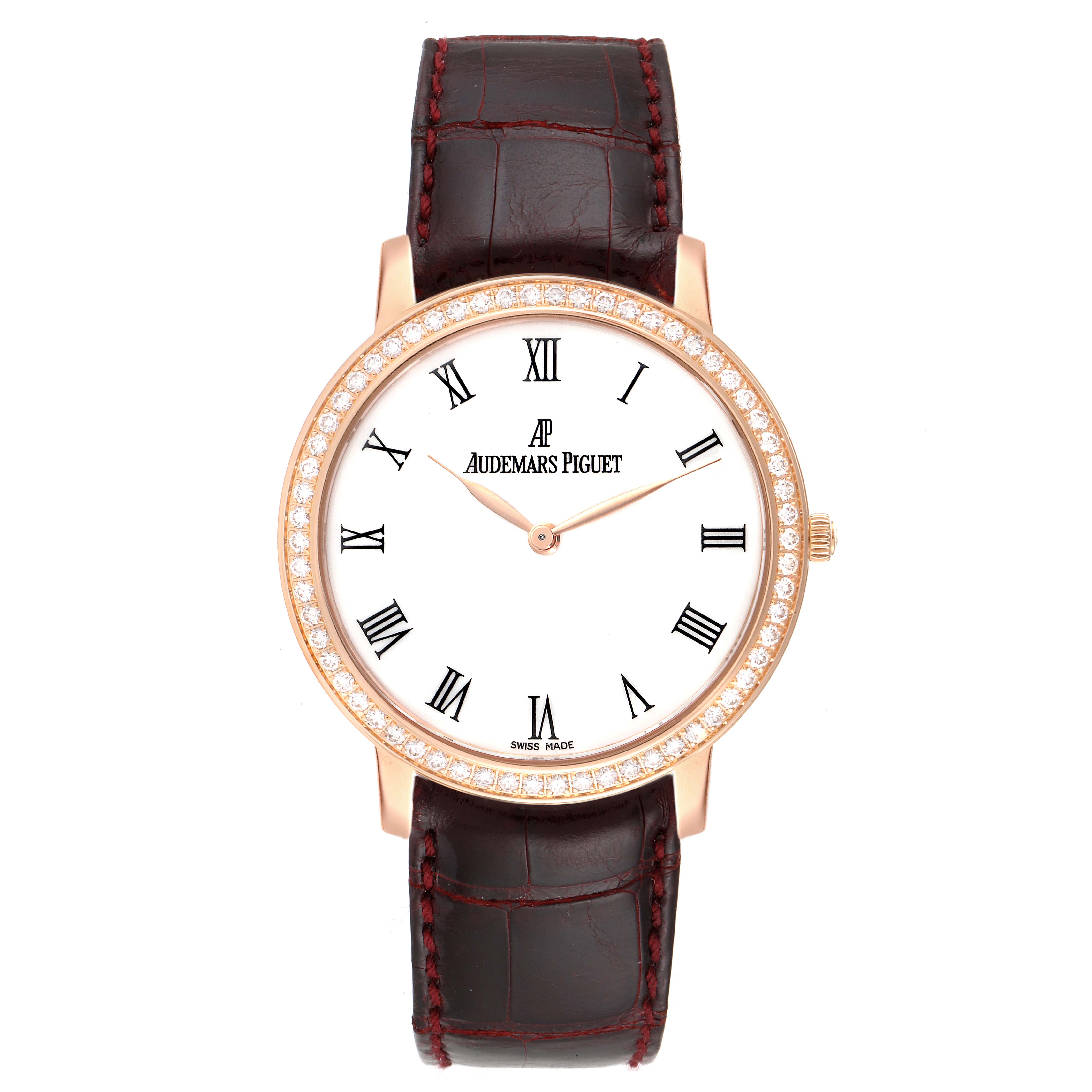 The image shows a front view of an Audemars Piguet Jules 15103OR Men's Rose Gold White Dial 15103OR Men's Rose Gold White Dial watch, featuring a white dial, Roman numerals, and a brown leather strap.