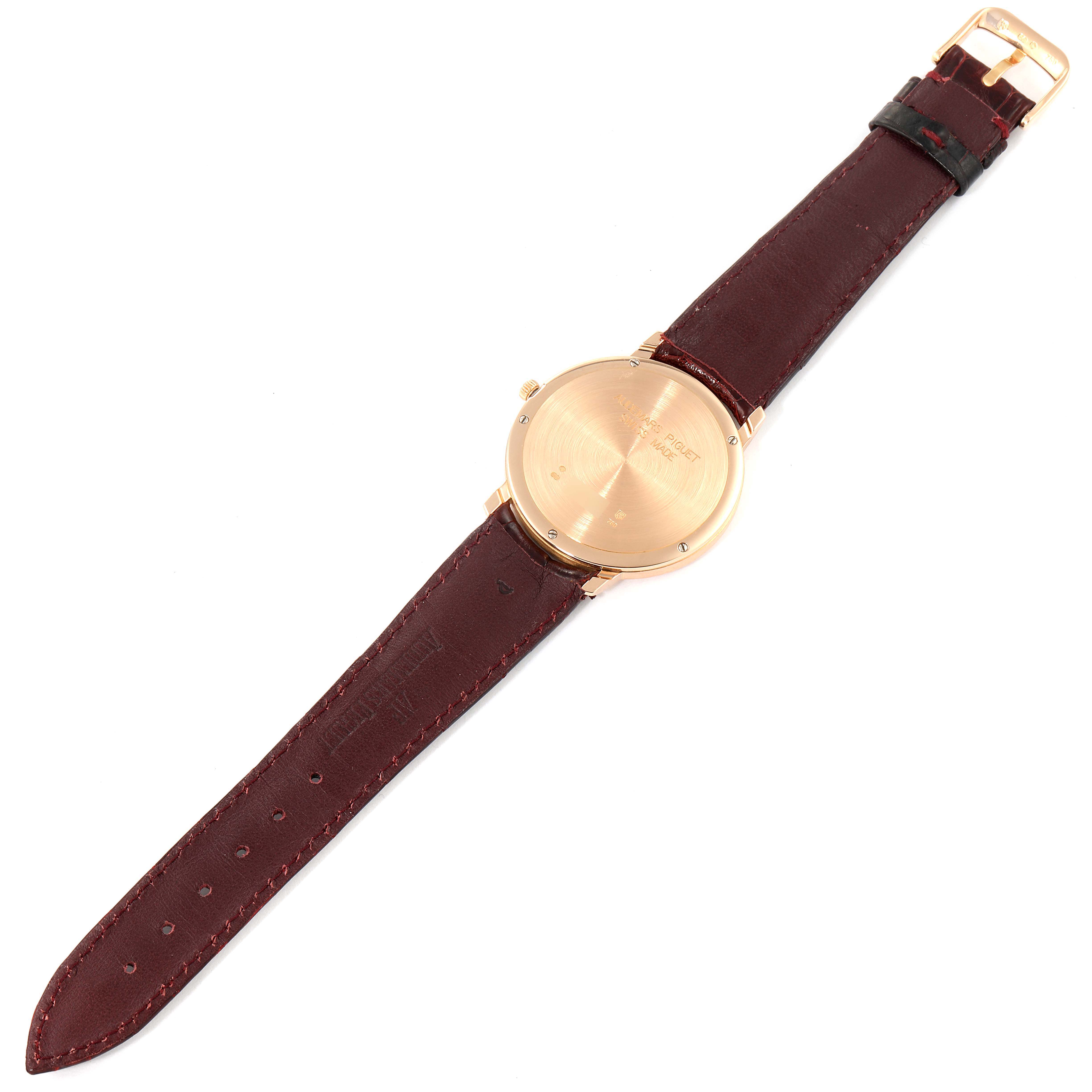 The image shows the back of the Jules model by Audemars Piguet, featuring the caseback and the leather strap.