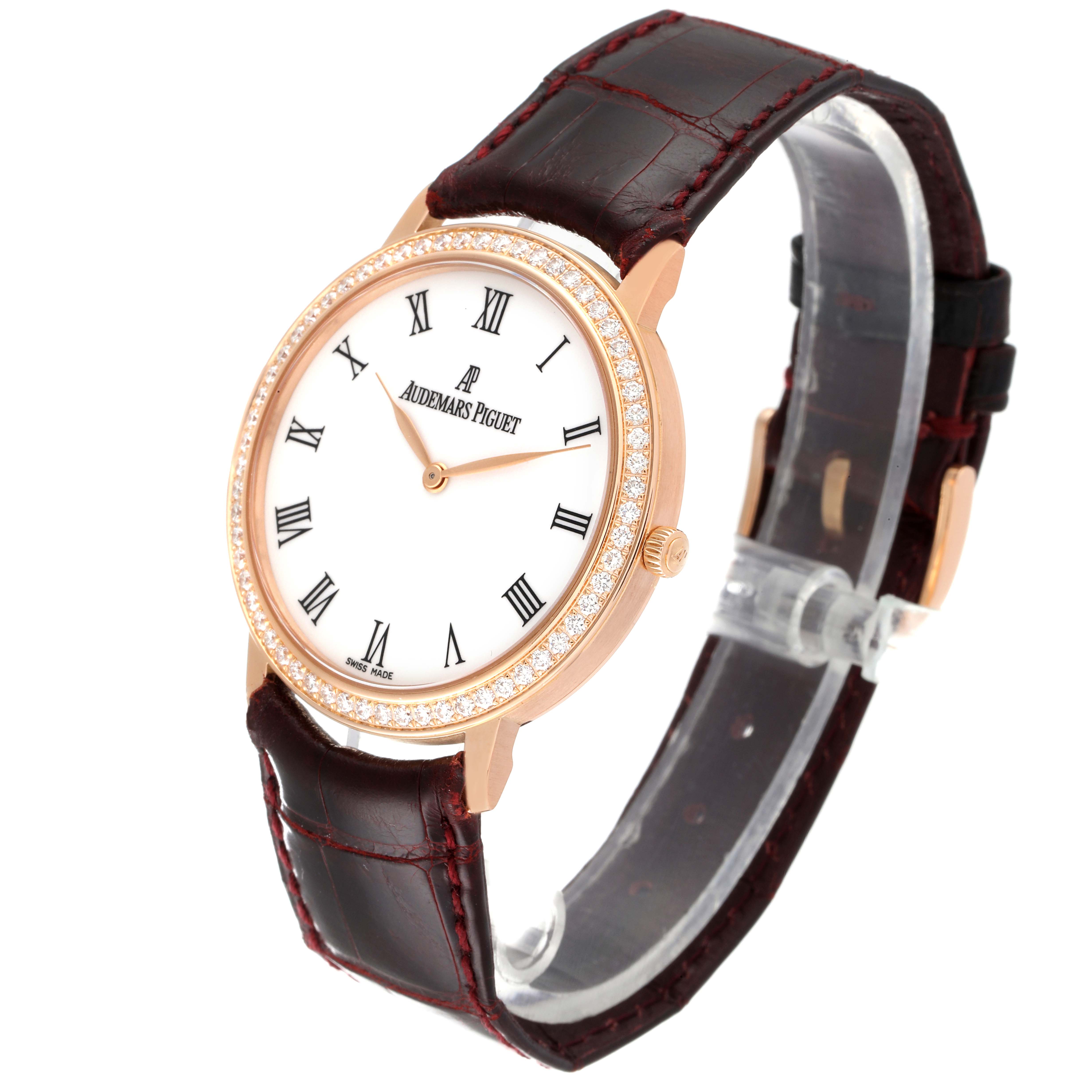 The Jules model watch by Audemars Piguet is shown at a three-quarter angle, highlighting the face, bezel, and leather strap.