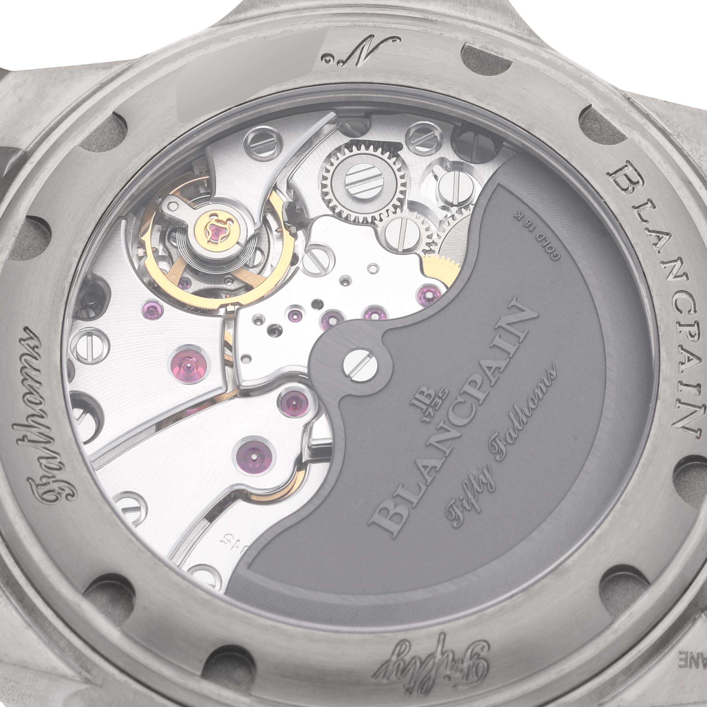 The image shows the case back and intricate movement of the Blancpain Fifty Fathoms 5015-12B40-052A Men's Titanium Blue Dial 5015-12B40-052A Men's Titanium Blue Dial watch, viewed from the rear.