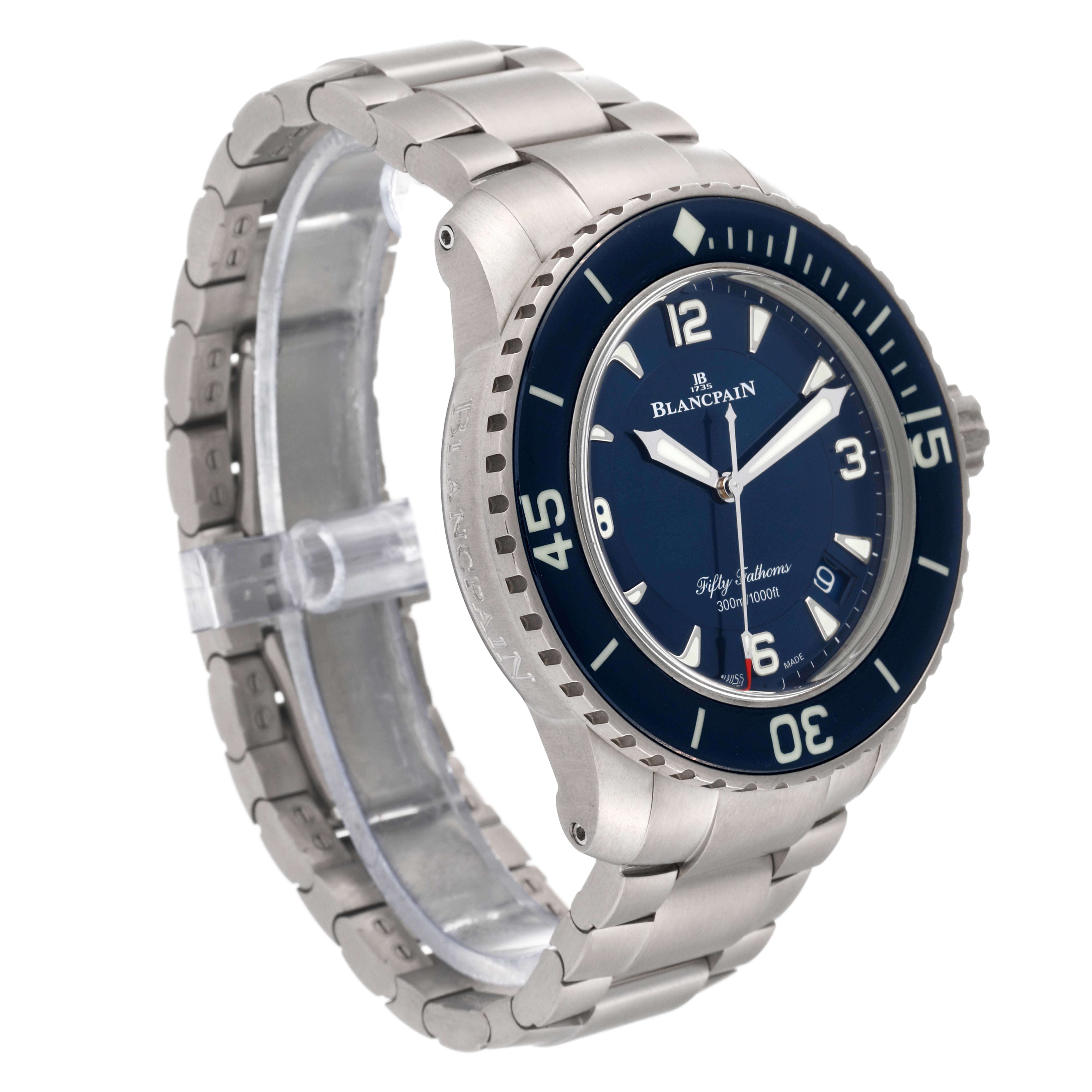 The image shows a Blancpain Fifty Fathoms 5015-12B40-052A Men's Titanium Blue Dial 5015-12B40-052A Men's Titanium Blue Dial watch at a three-quarter angle highlighting the face, bezel, and metal bracelet.
