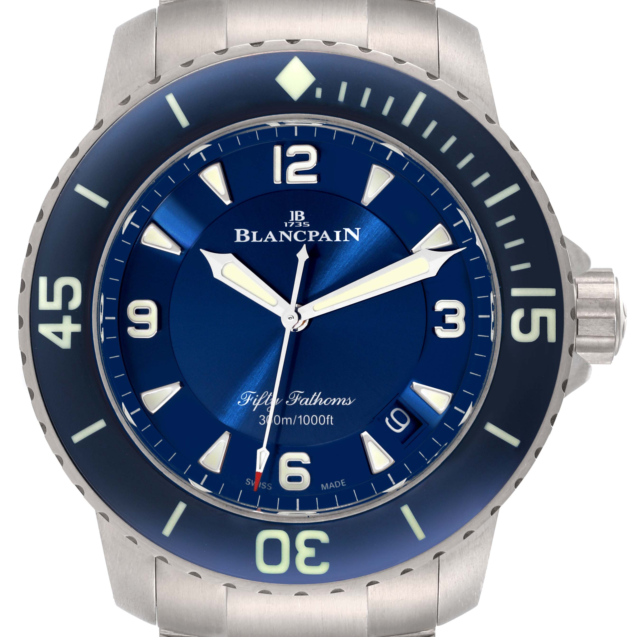 The image shows a close-up front view of the Blancpain Fifty Fathoms 5015-12B40-052A Men's Titanium Blue Dial 5015-12B40-052A Men's Titanium Blue Dial watch, highlighting its blue dial, bezel, and crown.