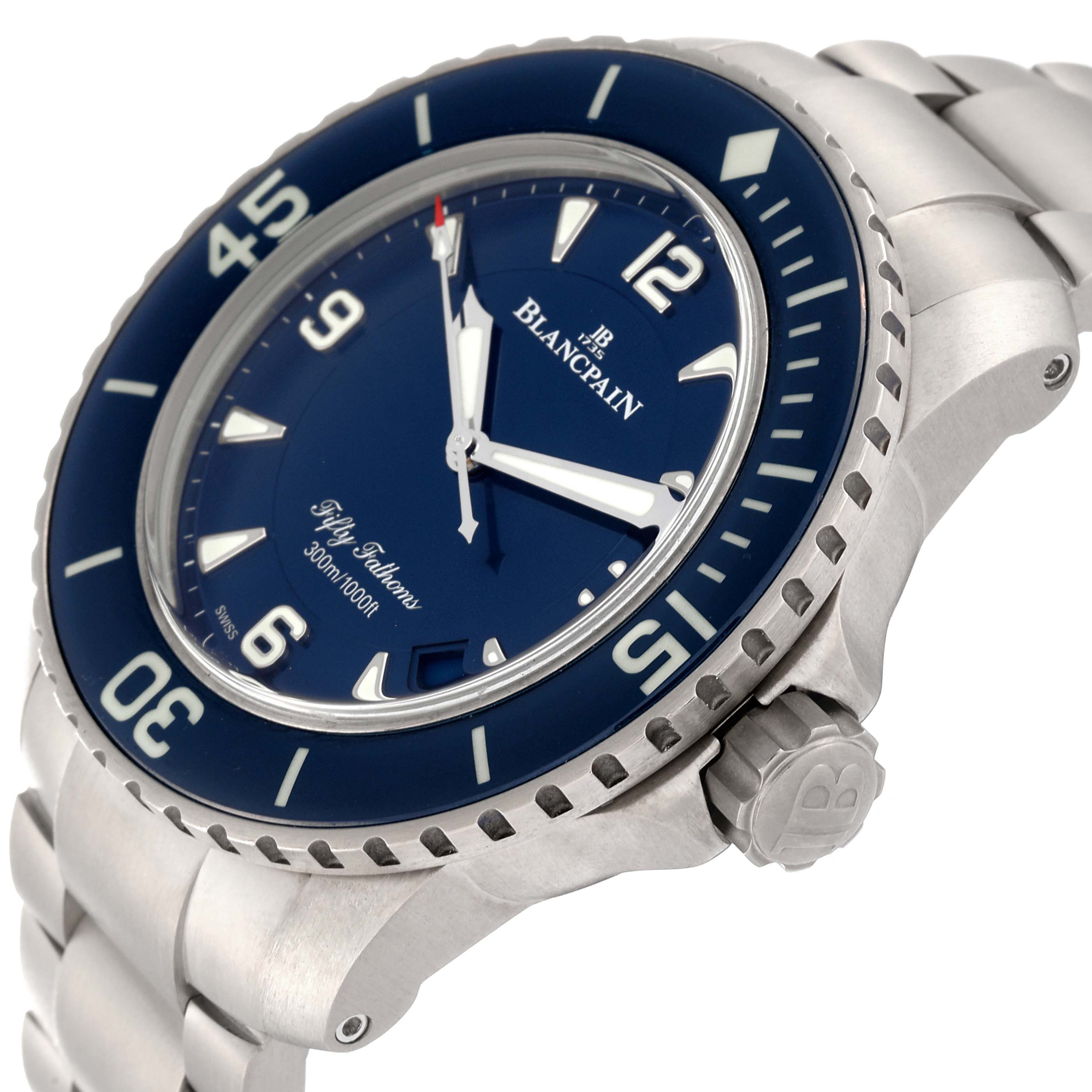 The image shows a side angle of the Blancpain Fifty Fathoms 5015-12B40-052A Men's Titanium Blue Dial 5015-12B40-052A Men's Titanium Blue Dial watch, highlighting the bezel, crown, and bracelet.