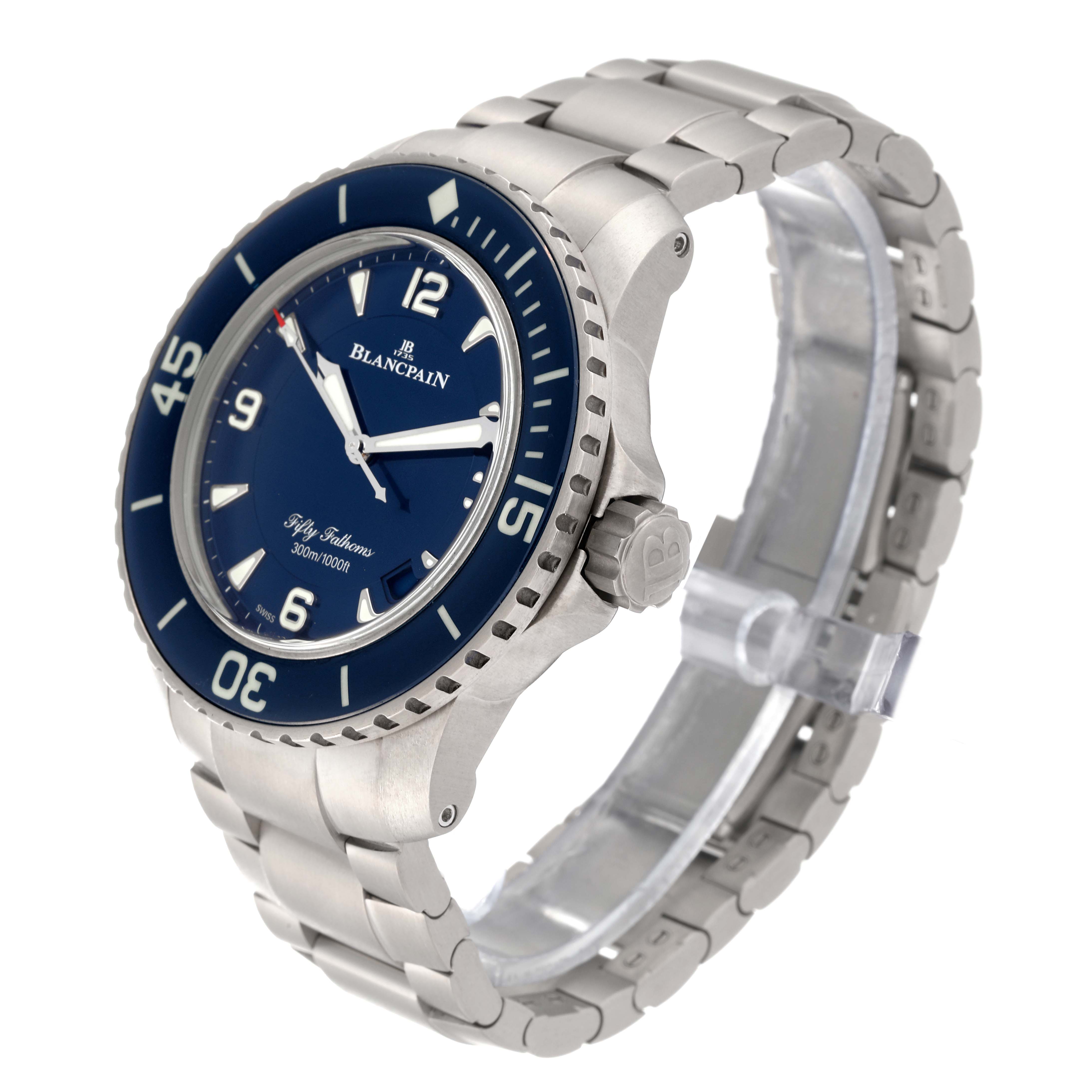 The image shows a side angle of the Blancpain Fifty Fathoms 5015-12B40-052A Men's Titanium Blue Dial 5015-12B40-052A Men's Titanium Blue Dial watch, highlighting the face, bezel, crown, and stainless steel bracelet.