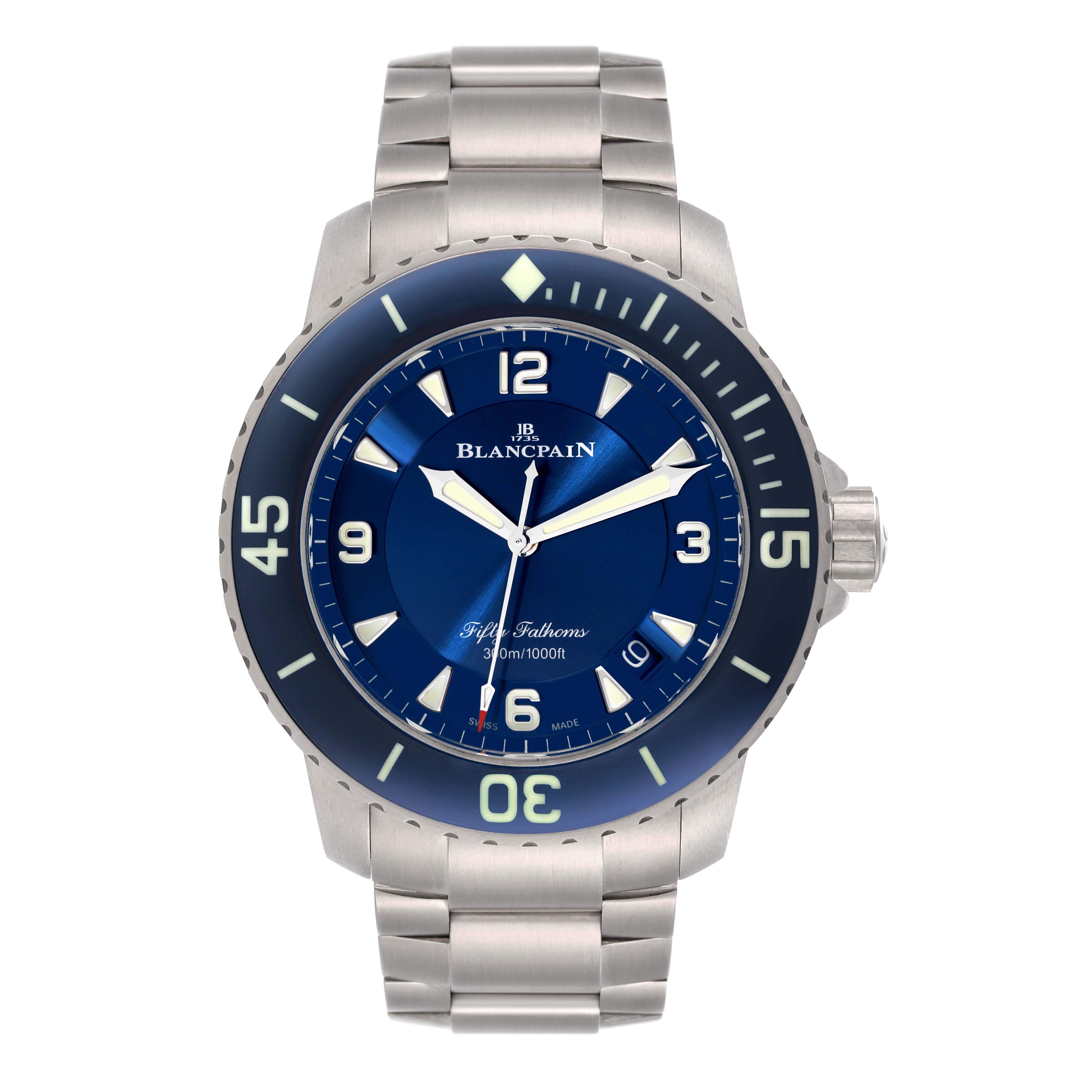 The image shows a frontal view of the Blancpain Fifty Fathoms 5015-12B40-052A Men's Titanium Blue Dial 5015-12B40-052A Men's Titanium Blue Dial watch with a stainless steel bracelet and blue dial.