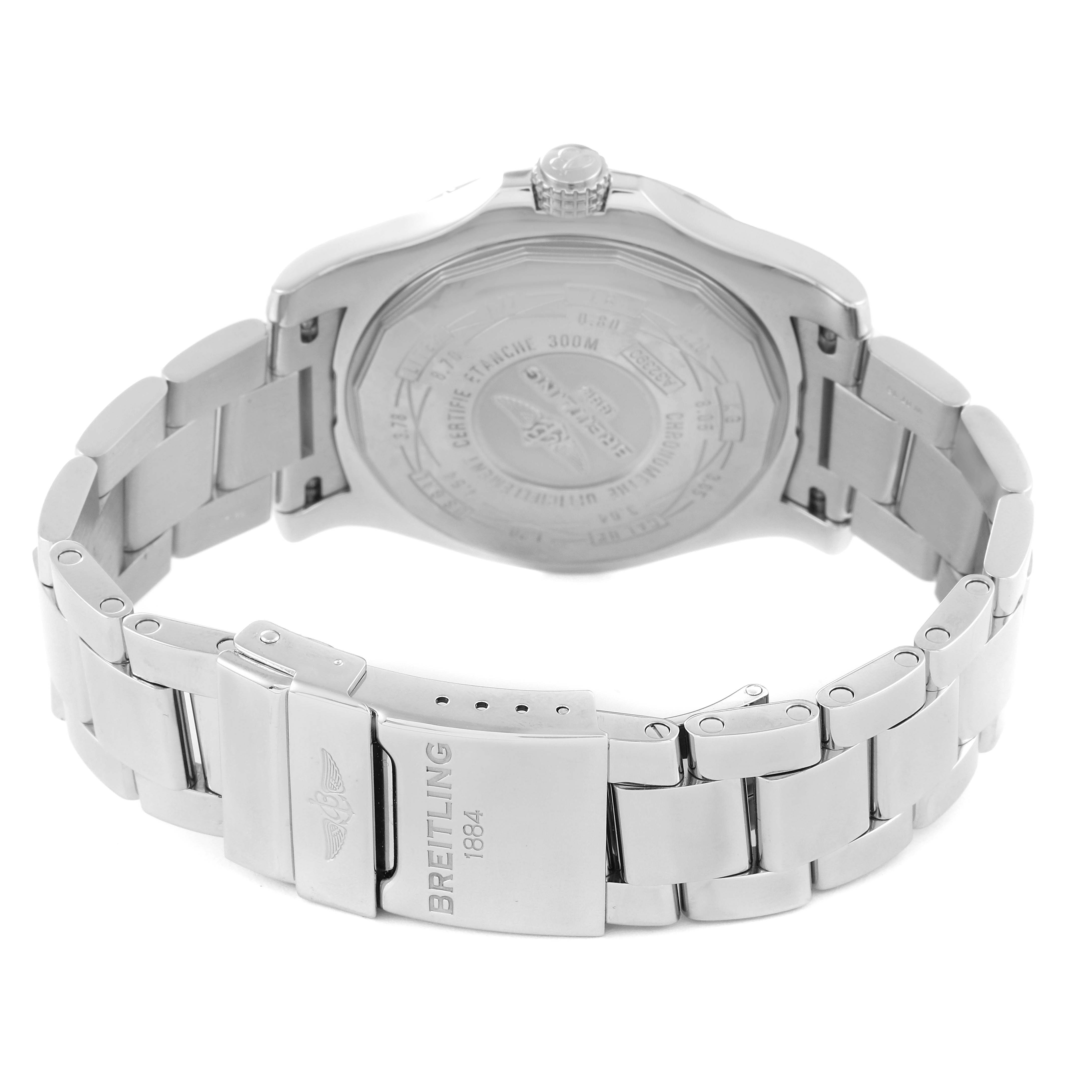 This Breitling Avenger A32390 Men's Stainless Steel Mother of Pearl Dial A32390 Men's Stainless Steel Mother of Pearl Dial watch is shown from the back, displaying the case back and metal bracelet with the clasp.