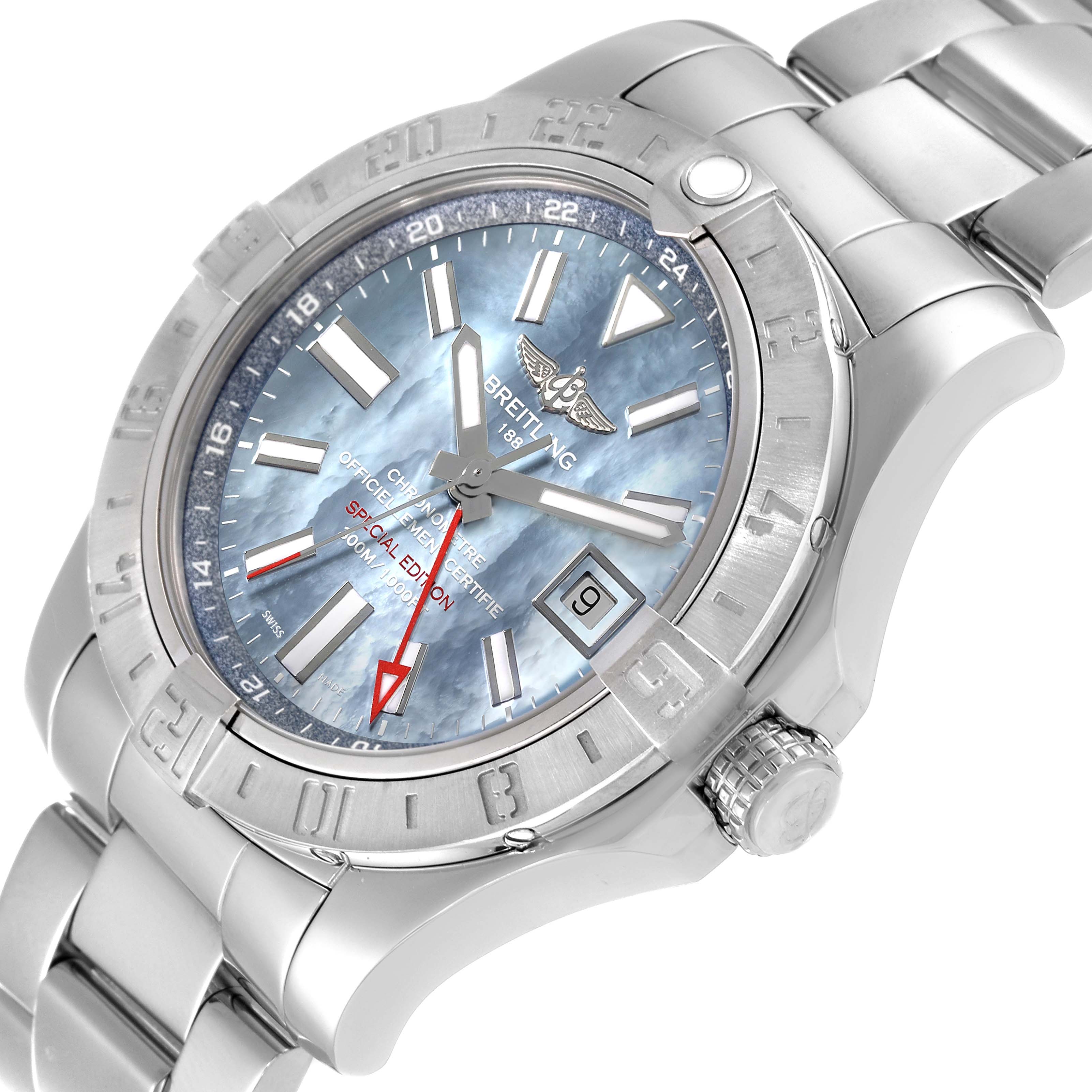 This image shows a close-up of the Breitling Avenger A32390 Men's Stainless Steel Mother of Pearl Dial A32390 Men's Stainless Steel Mother of Pearl Dial watch face, bezel, and part of the bracelet from a tilted angle.