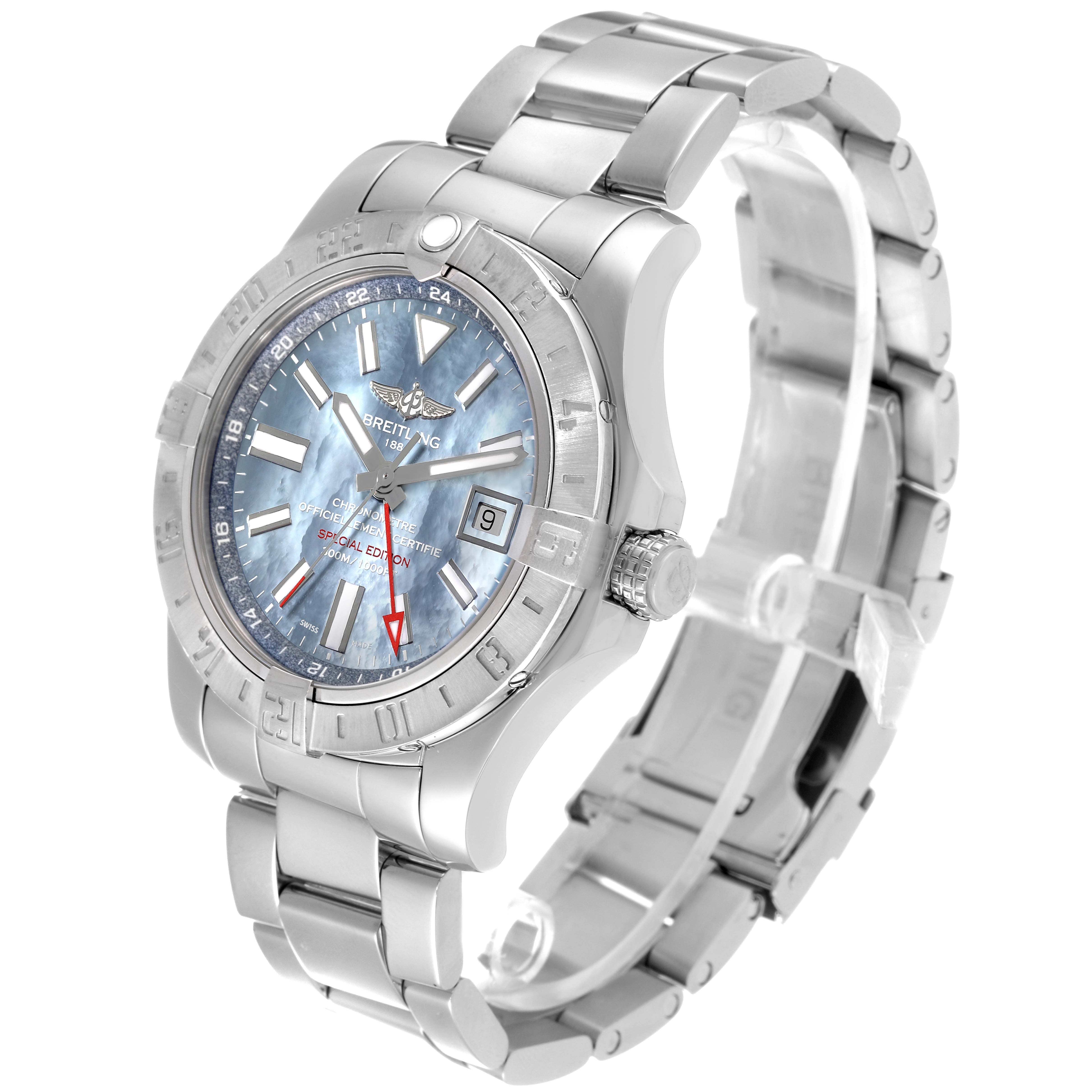 The Breitling Avenger A32390 Men's Stainless Steel Mother of Pearl Dial A32390 Men's Stainless Steel Mother of Pearl Dial model watch is shown at an angle highlighting its face, bezel, and metal bracelet.
