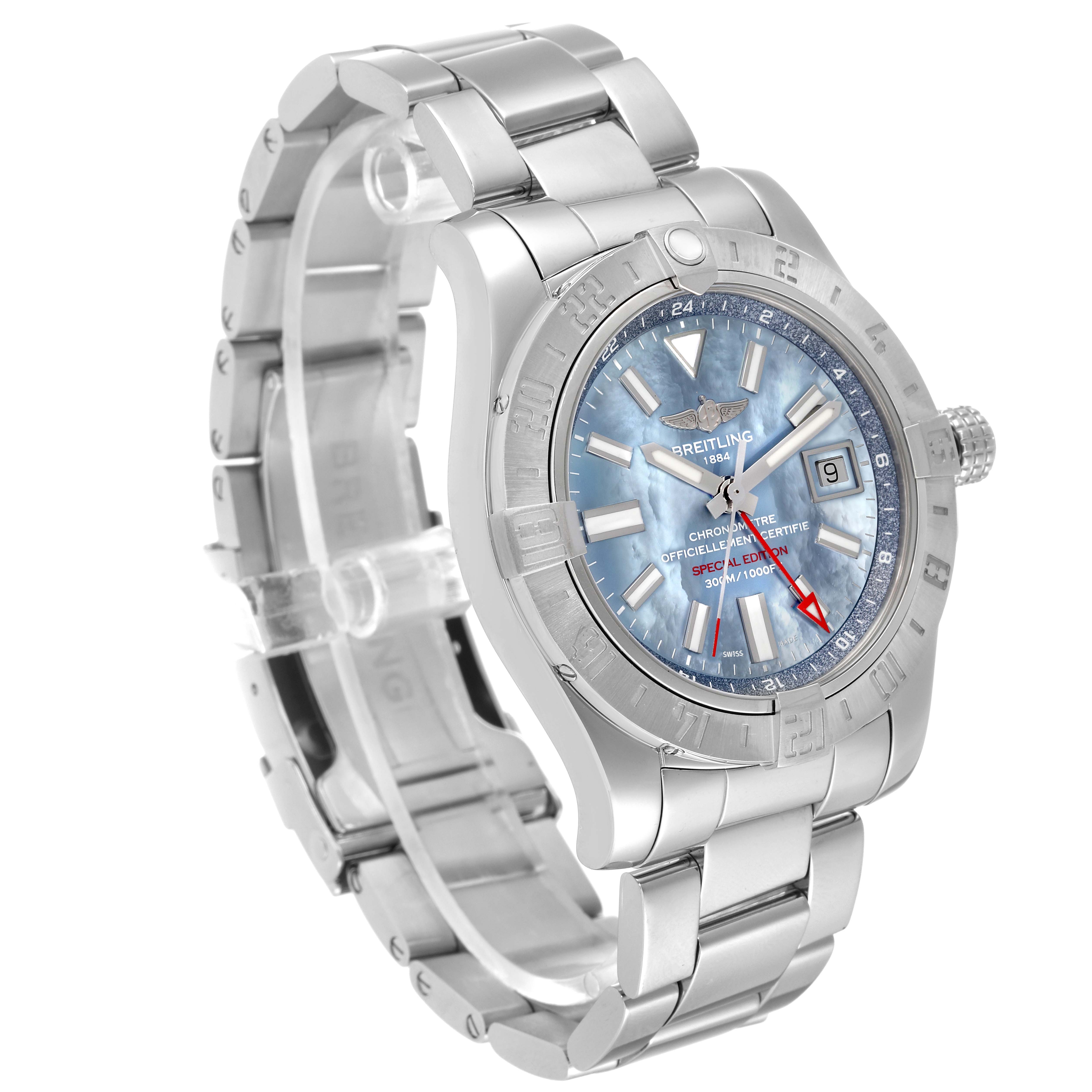 The image shows a Breitling Avenger A32390 Men's Stainless Steel Mother of Pearl Dial A32390 Men's Stainless Steel Mother of Pearl Dial watch at a slight angle, highlighting its face, bracelet, and clasp.