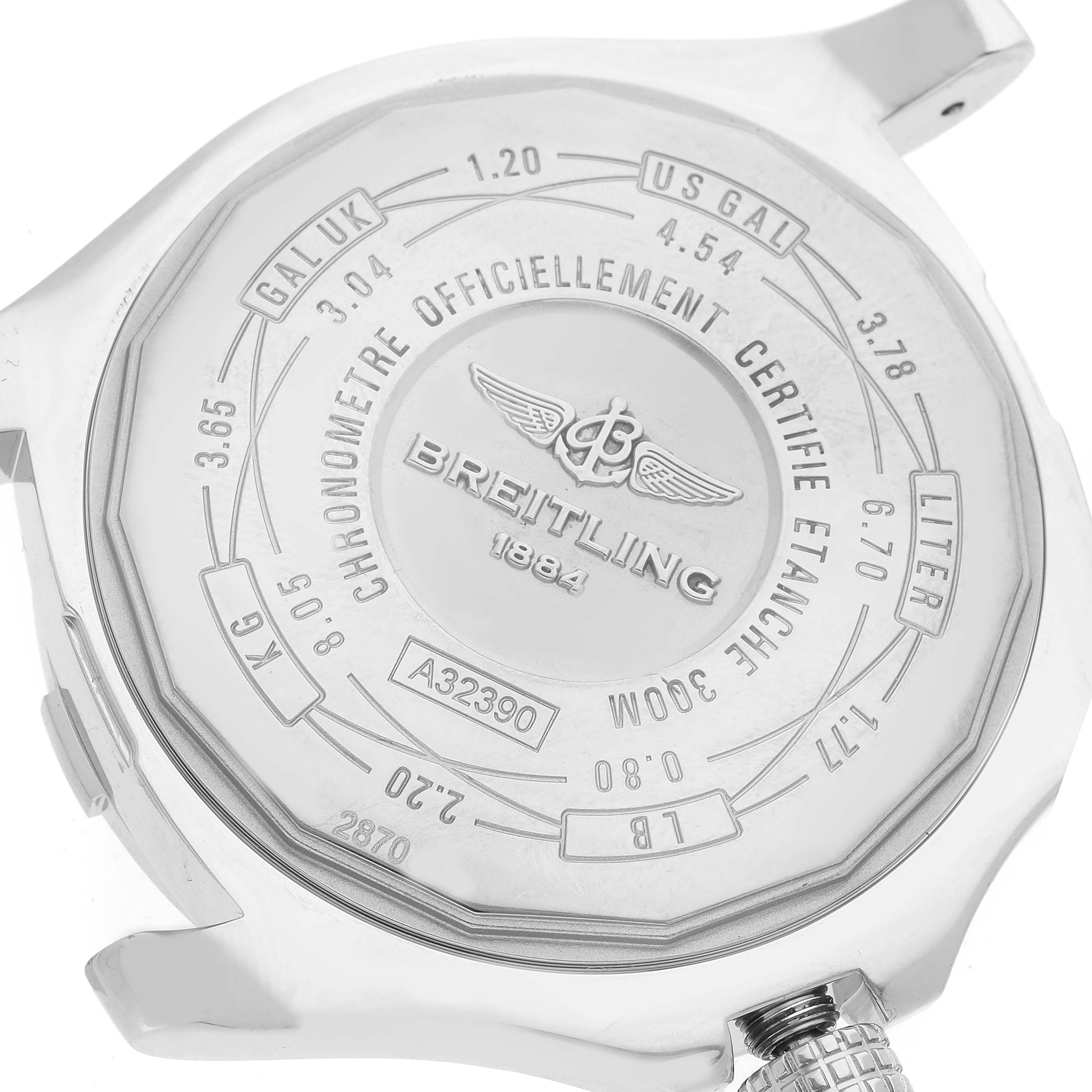 The image shows the back case of the Breitling Avenger A32390 Men's Stainless Steel Mother of Pearl Dial A32390 Men's Stainless Steel Mother of Pearl Dial watch, featuring branding, certifications, and various unit conversions.