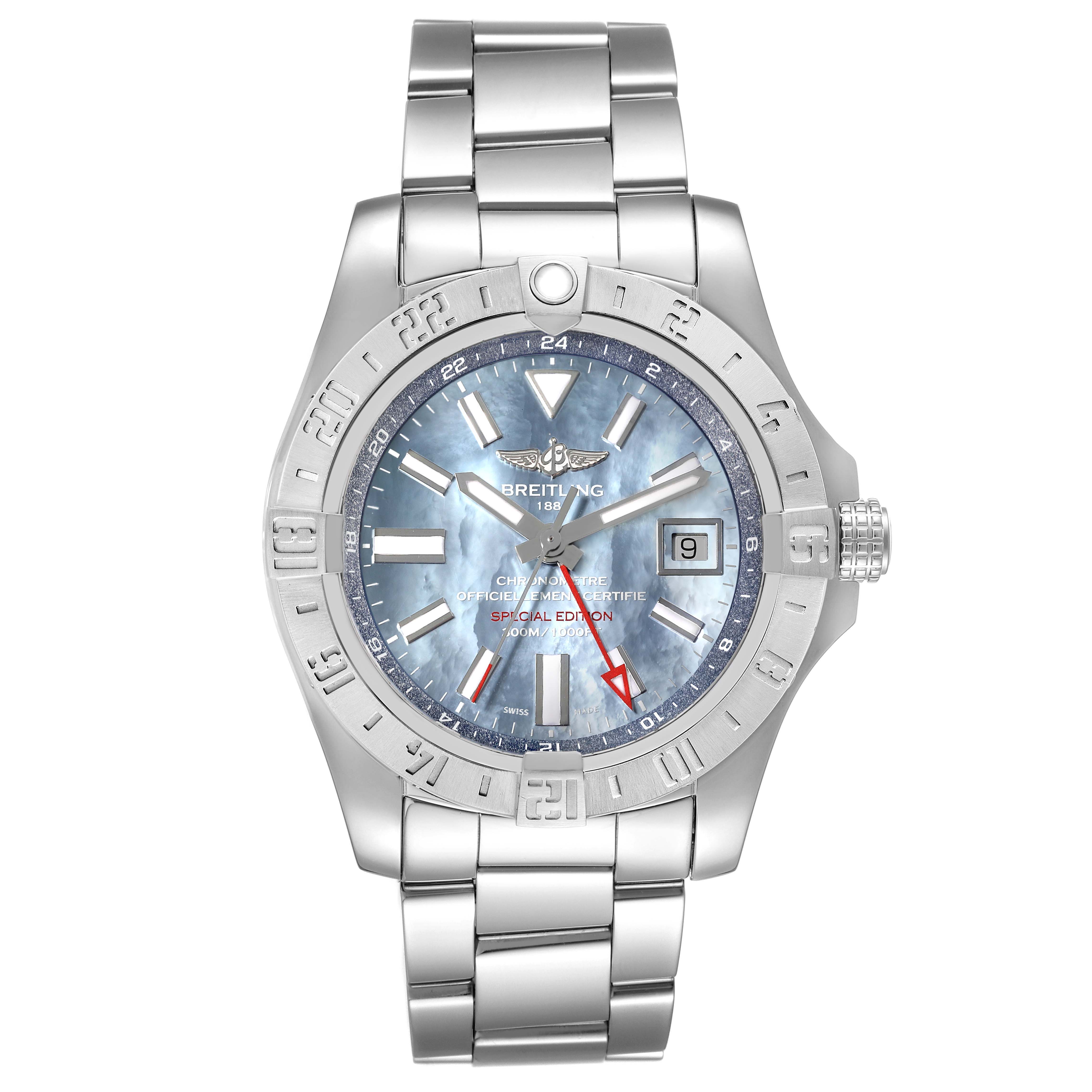 The image shows a front view of the Breitling Avenger A32390 Men's Stainless Steel Mother of Pearl Dial A32390 Men's Stainless Steel Mother of Pearl Dial watch, displaying the face, bezel, crown, and stainless steel bracelet.