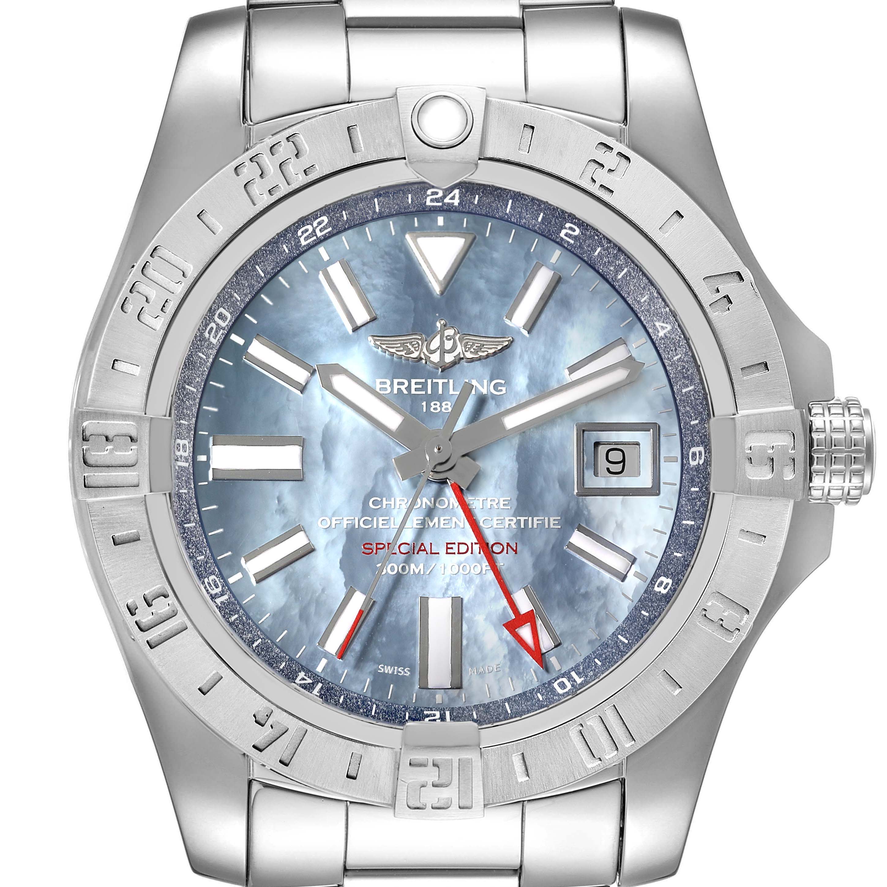 The image shows a close-up, front view of a Breitling Avenger A32390 Men's Stainless Steel Mother of Pearl Dial A32390 Men's Stainless Steel Mother of Pearl Dial watch displaying its face, bezel, and part of its bracelet.