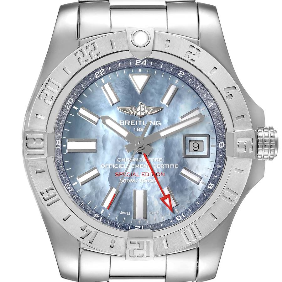 Breitling Avenger II GMT Blue Mother of Pearl Dial Mens Watch A32390 Box Card SwissWatchExpo