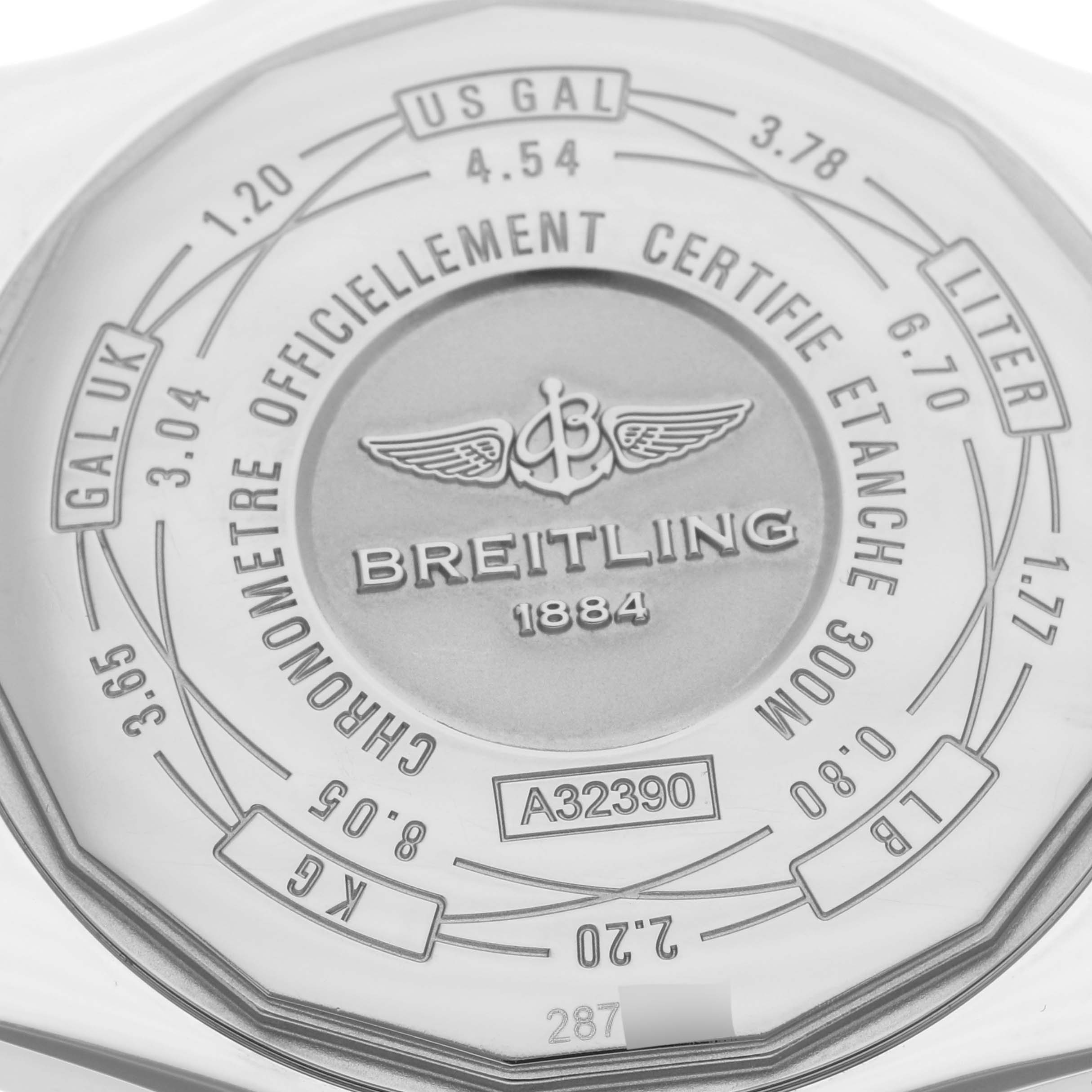 The image shows the case back of a Breitling Avenger A3239011/C930 Men's Stainless Steel Mother of Pearl Dial A3239011/C930 Men's Stainless Steel Mother of Pearl Dial watch, featuring engravings and certification details.