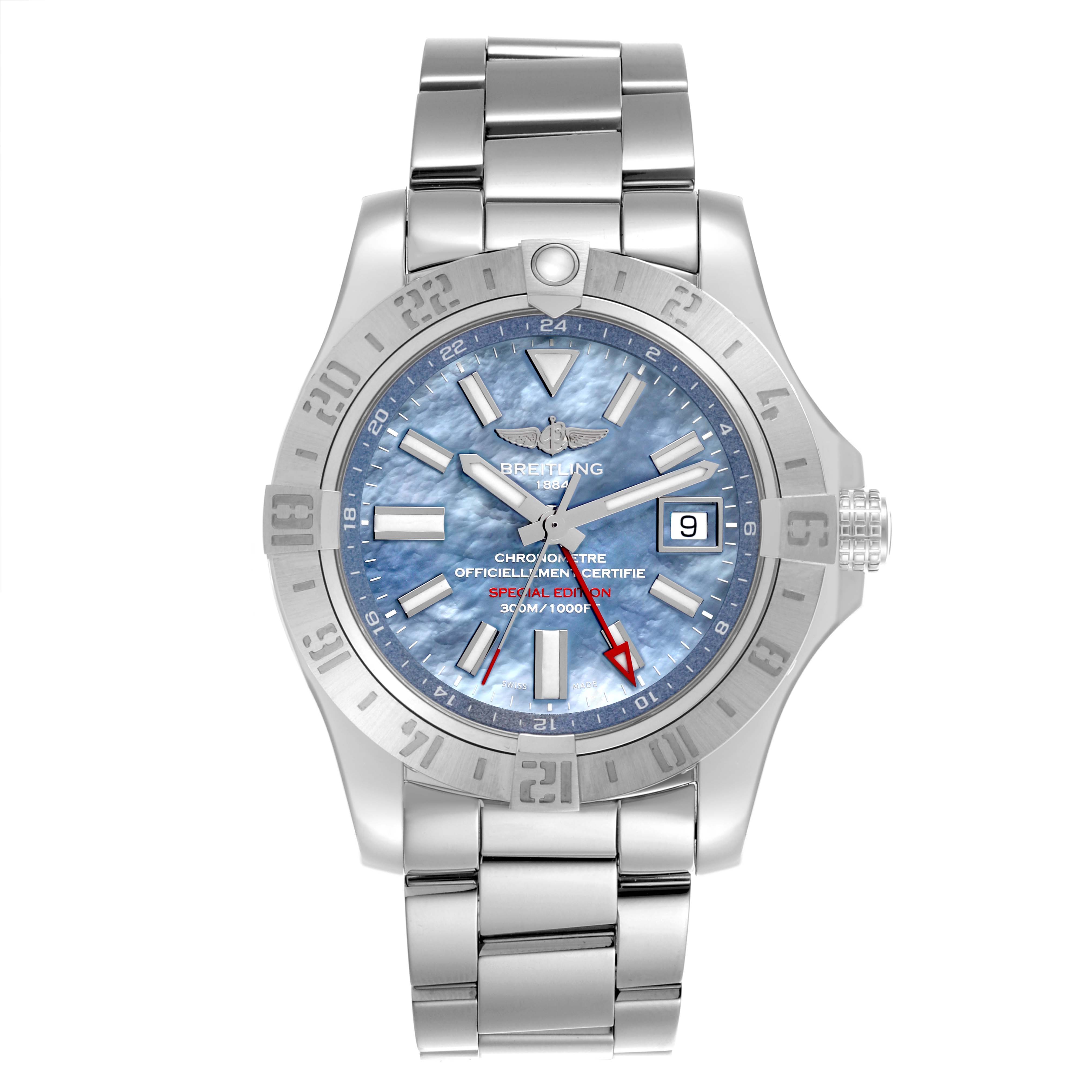 The Breitling Avenger A3239011/C930 Men's Stainless Steel Mother of Pearl Dial A3239011/C930 Men's Stainless Steel Mother of Pearl Dial watch is shown from a front angle, highlighting its dial, bezel, and bracelet.
