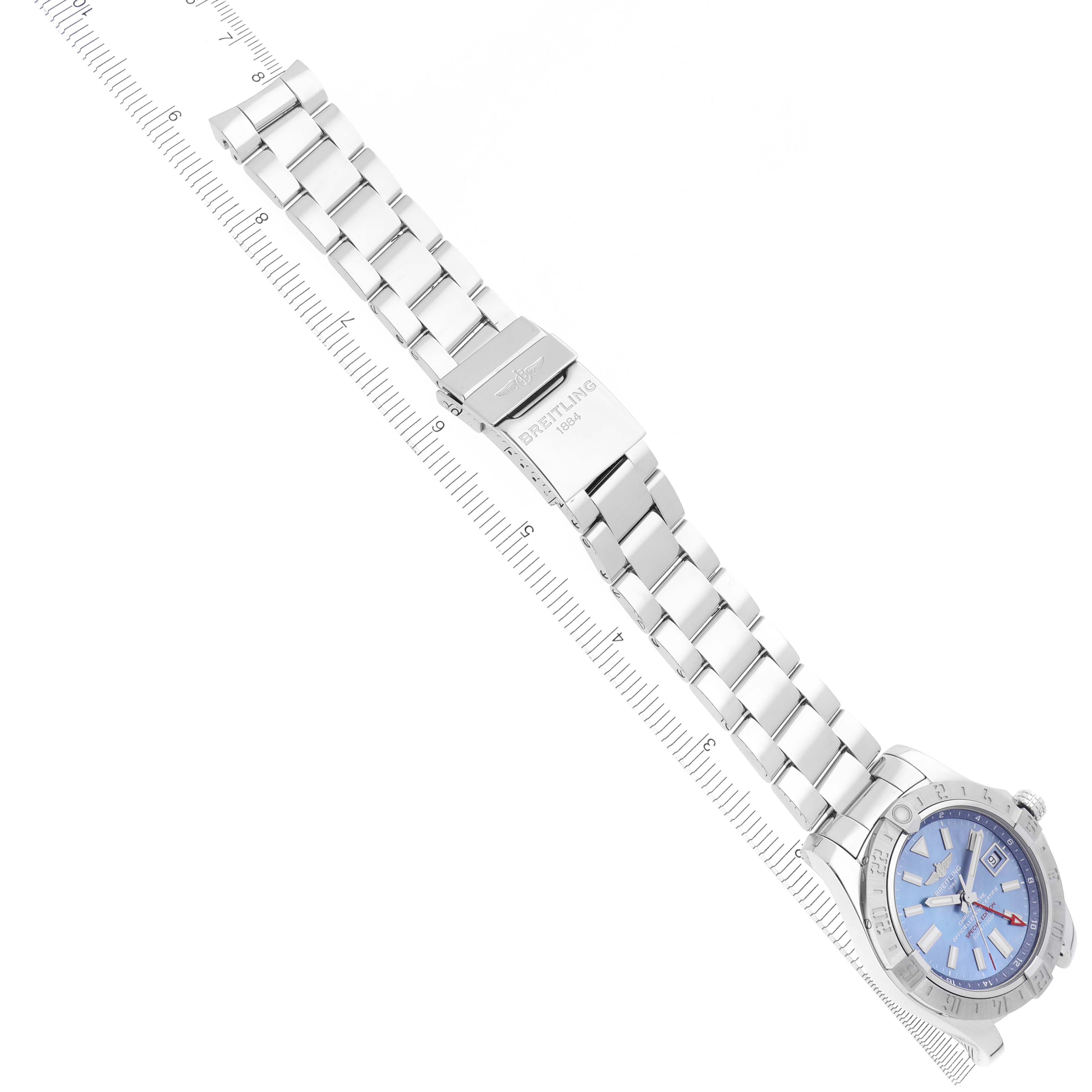 The Breitling Avenger A3239011/C930 Men's Stainless Steel Mother of Pearl Dial A3239011/C930 Men's Stainless Steel Mother of Pearl Dial watch is shown from an angled top view, highlighting the bracelet, clasp, and face.