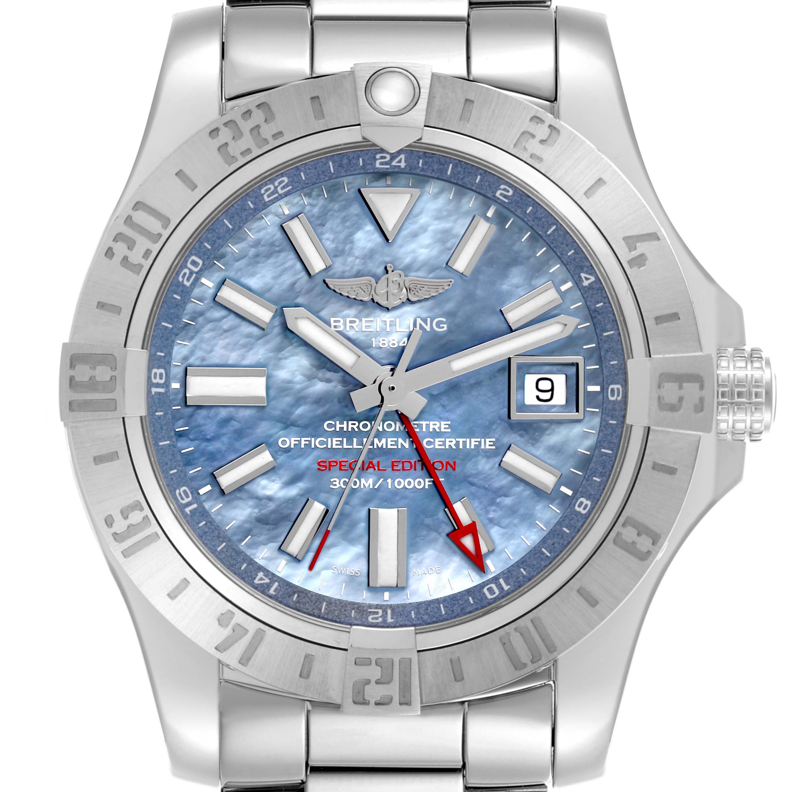 The Breitling Avenger A3239011/C930 Men's Stainless Steel Mother of Pearl Dial A3239011/C930 Men's Stainless Steel Mother of Pearl Dial watch is shown from the front, displaying its face, bezel, and bracelet.
